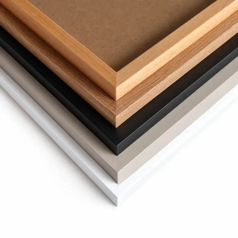 Bilderrahmen in Holz, Schwarz, Taupe und Weiß übereinander