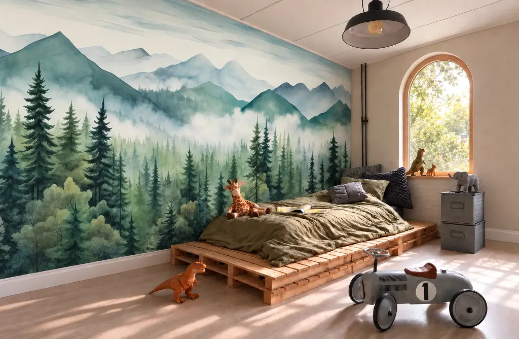 Tapete Tannenwald im Kinderzimmer: Aquarell-Wald mit Bergen hinter einem Palettenbett