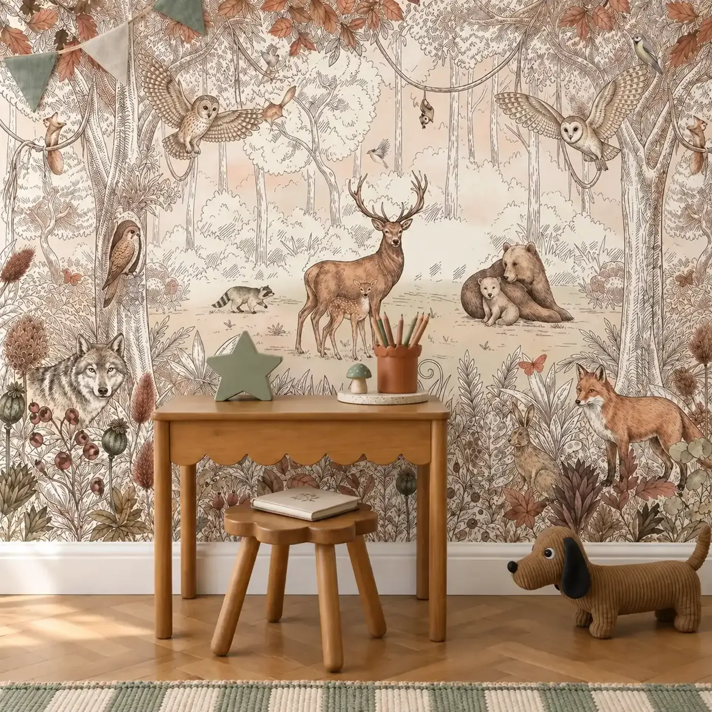 Fototapete Magische Waldtiere hinter Holztisch mit Hocker, Stiftebecher und Plüschhund im Kinderzimmer