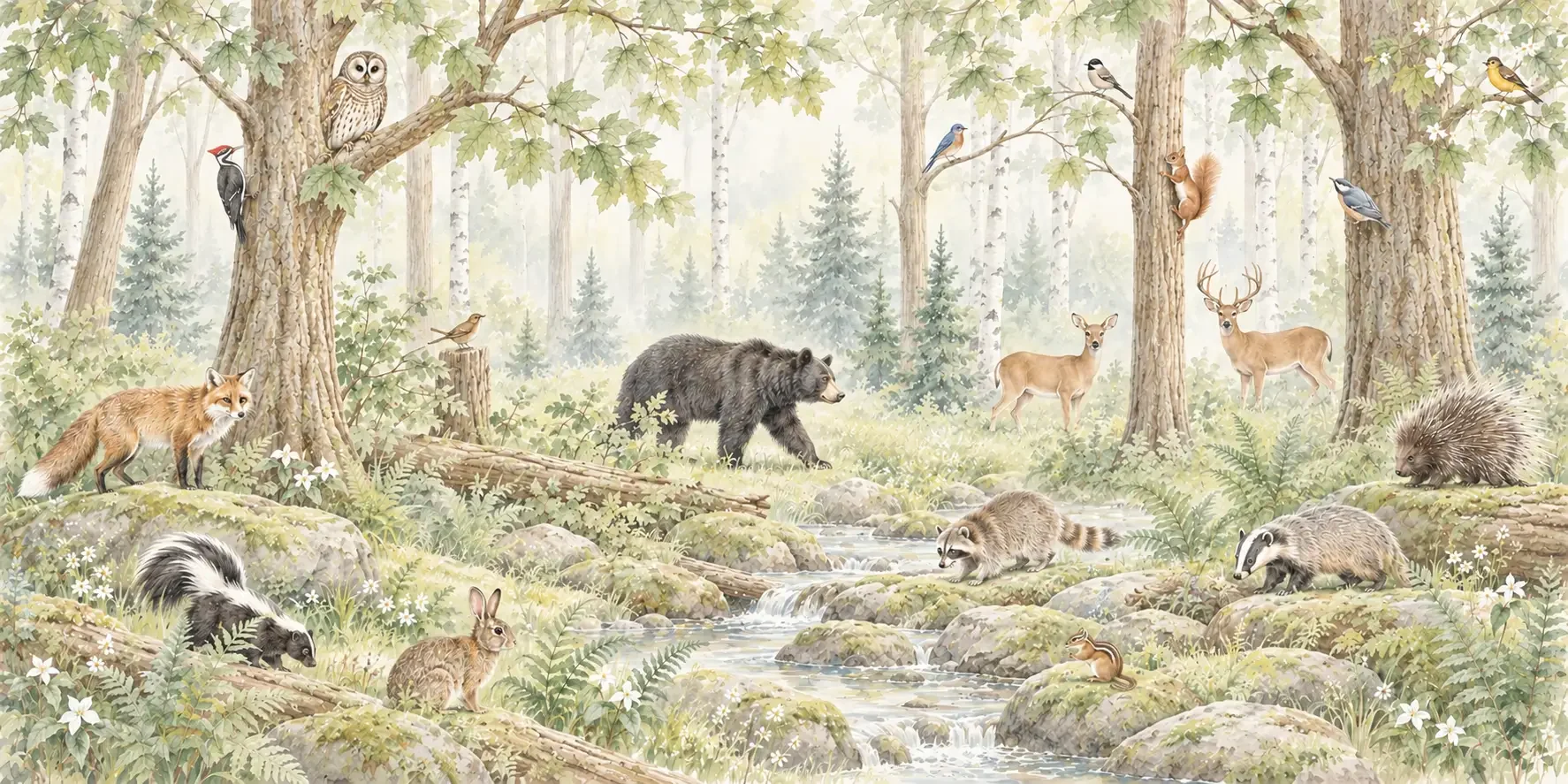 Fototapete Wald Woodland als flaches Motiv: Bär, Hirsch, Fuchs und Waschbär an einem Waldbach im Aquarellstil
