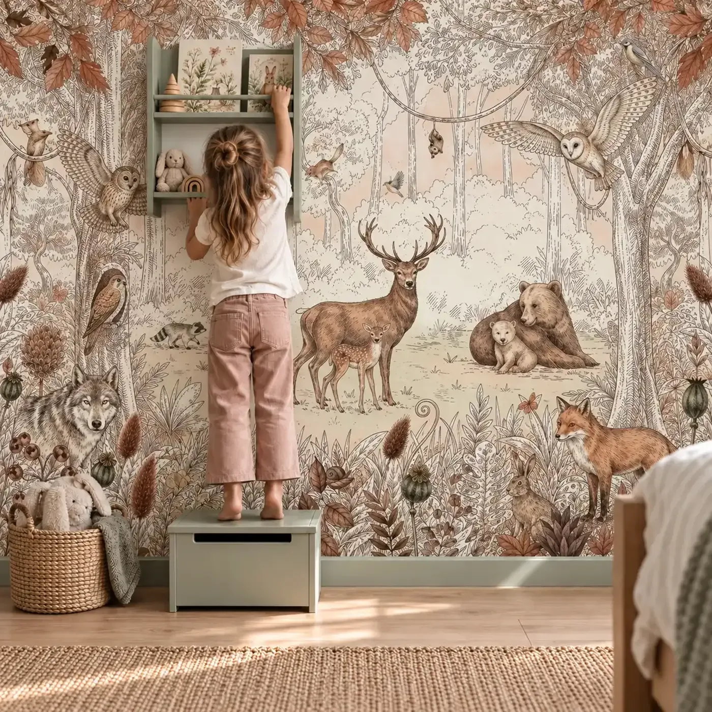Fototapete Magische Waldtiere im Kinderzimmer mit Wandregal, Aufbewahrungstruhe und Korb mit Kuscheltier