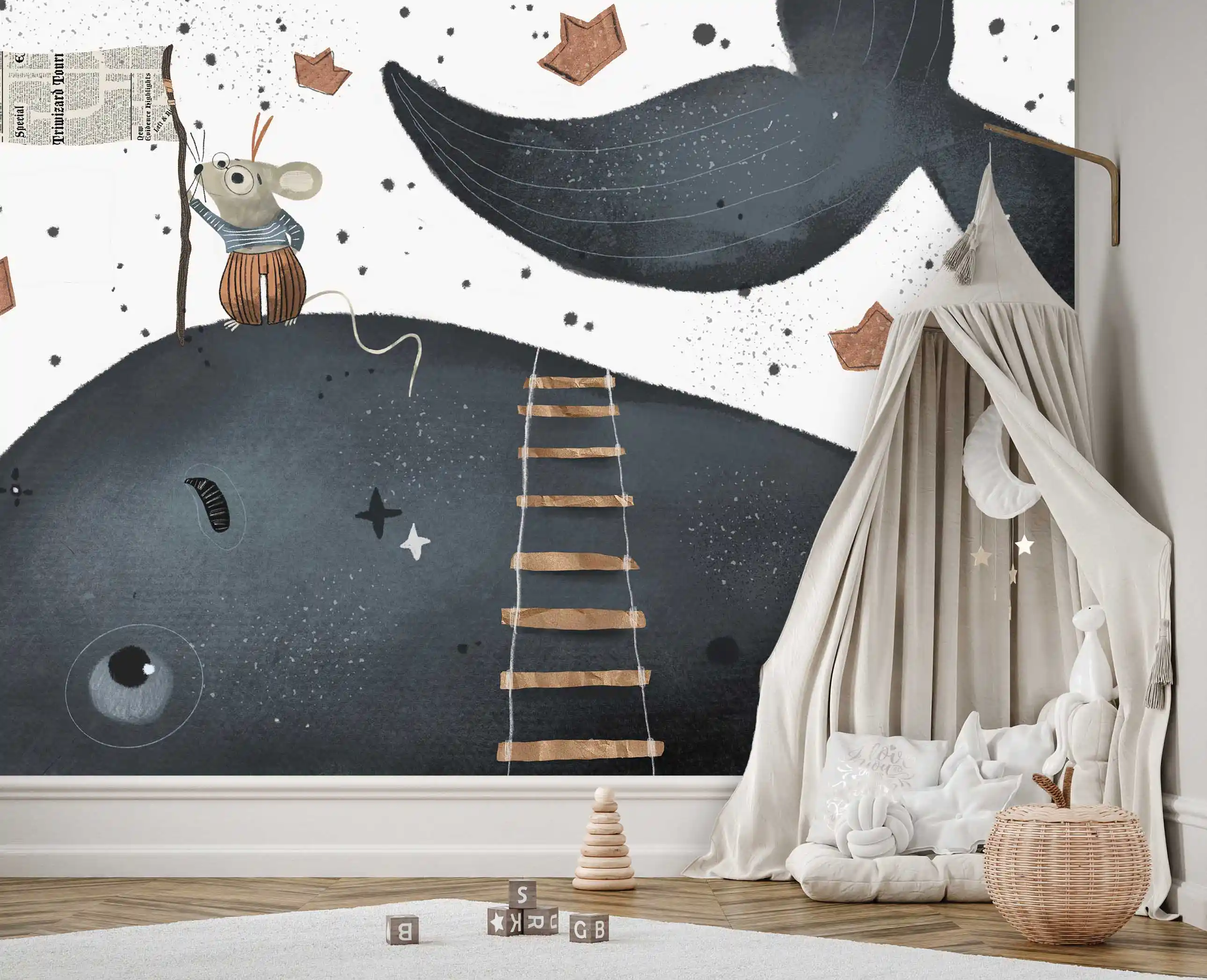 Maus auf dem Wal Tapete mit Strickleiter im Kinderzimmer mit Baldachin-Kuschelecke, Korb und Holzstapelturm