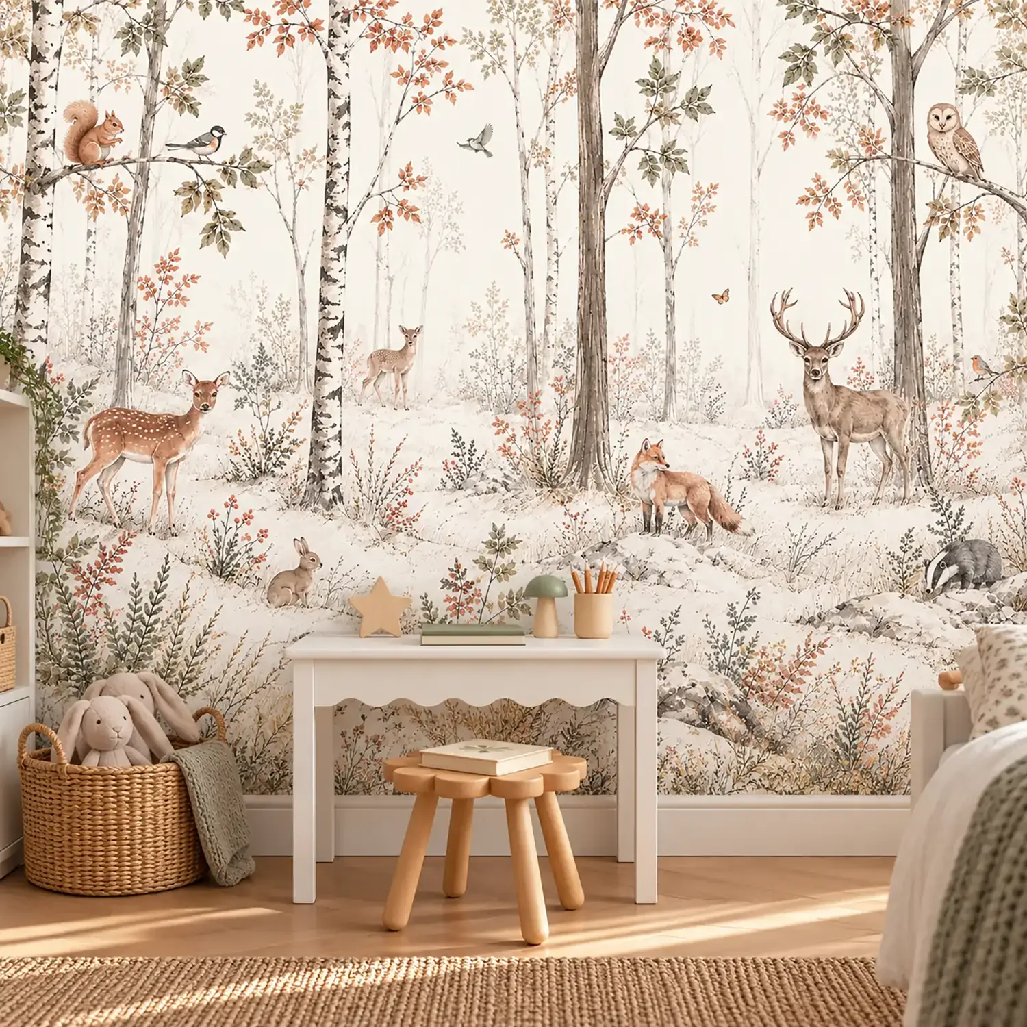 Fototapete Märchenwald hinter weißem Kindertisch mit Holzhocker, Holzstern und Stiftebecher