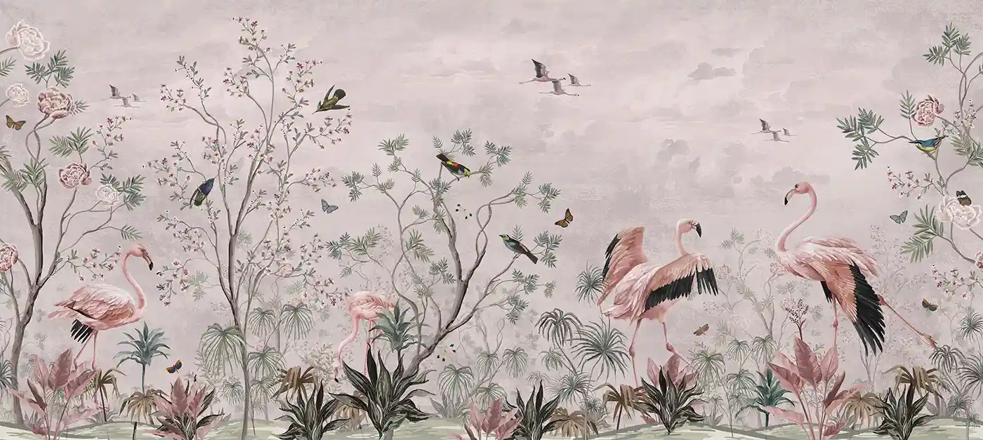 Tropical Flamingo Fototapete in Rosé: Flamingos, Vögel und zarte Bäume vor wolkigem Himmel