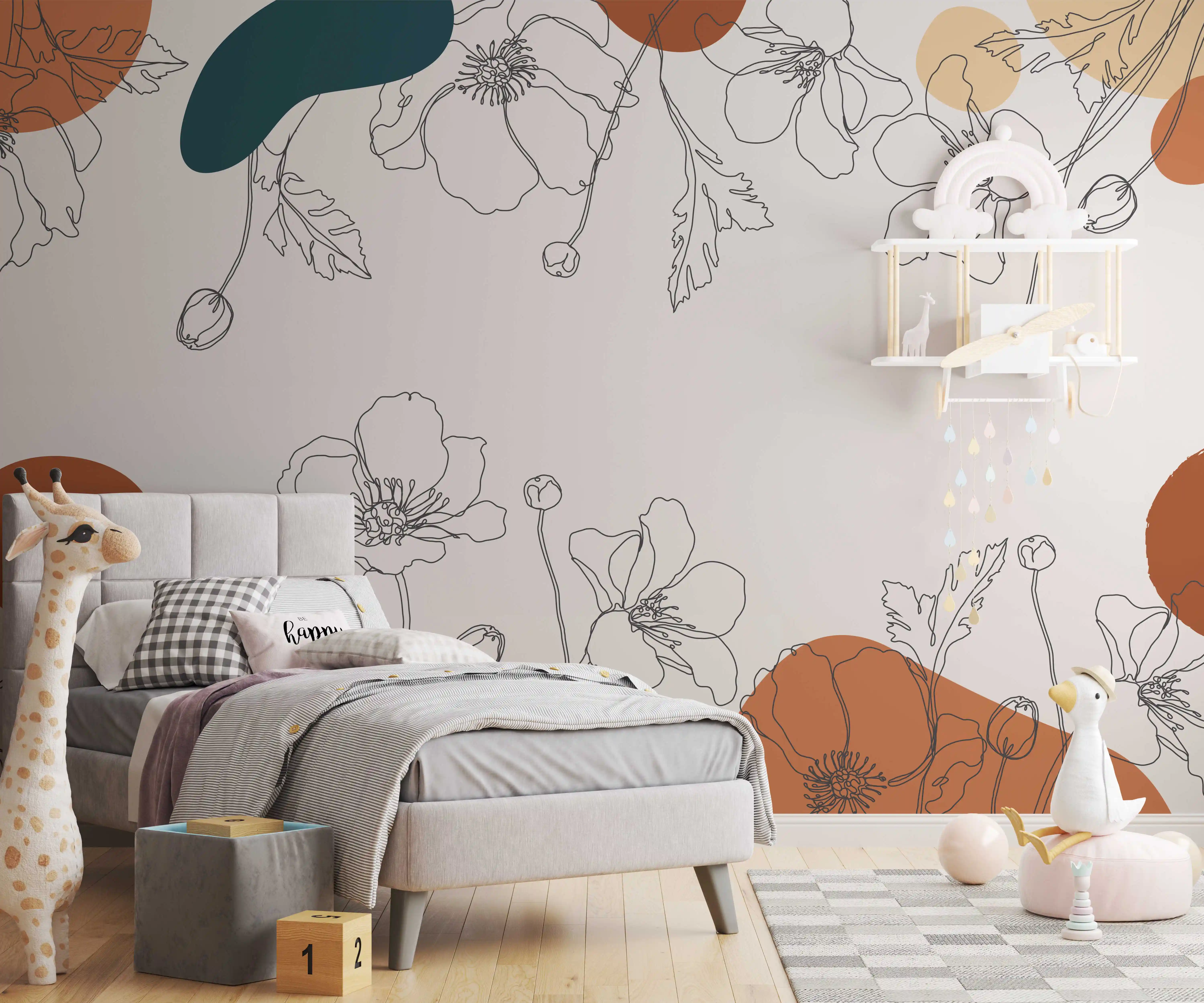 Kinderzimmer mit Fototapete Blumenpracht in Terrakotta und Petrol, grauem Polsterbett und Wandregal
