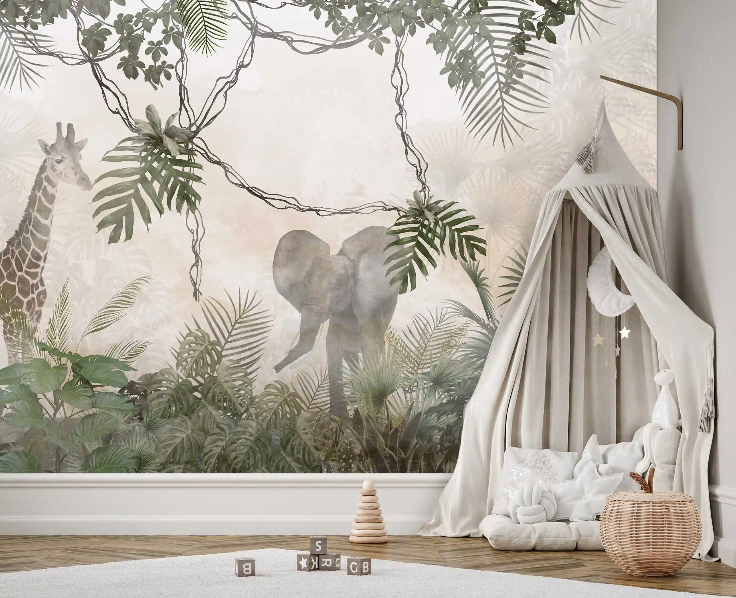 Savanne Tapete mit Lianen, Giraffe und Elefant im Kinderzimmer mit Baldachin-Spielzelt und Bodenkissen