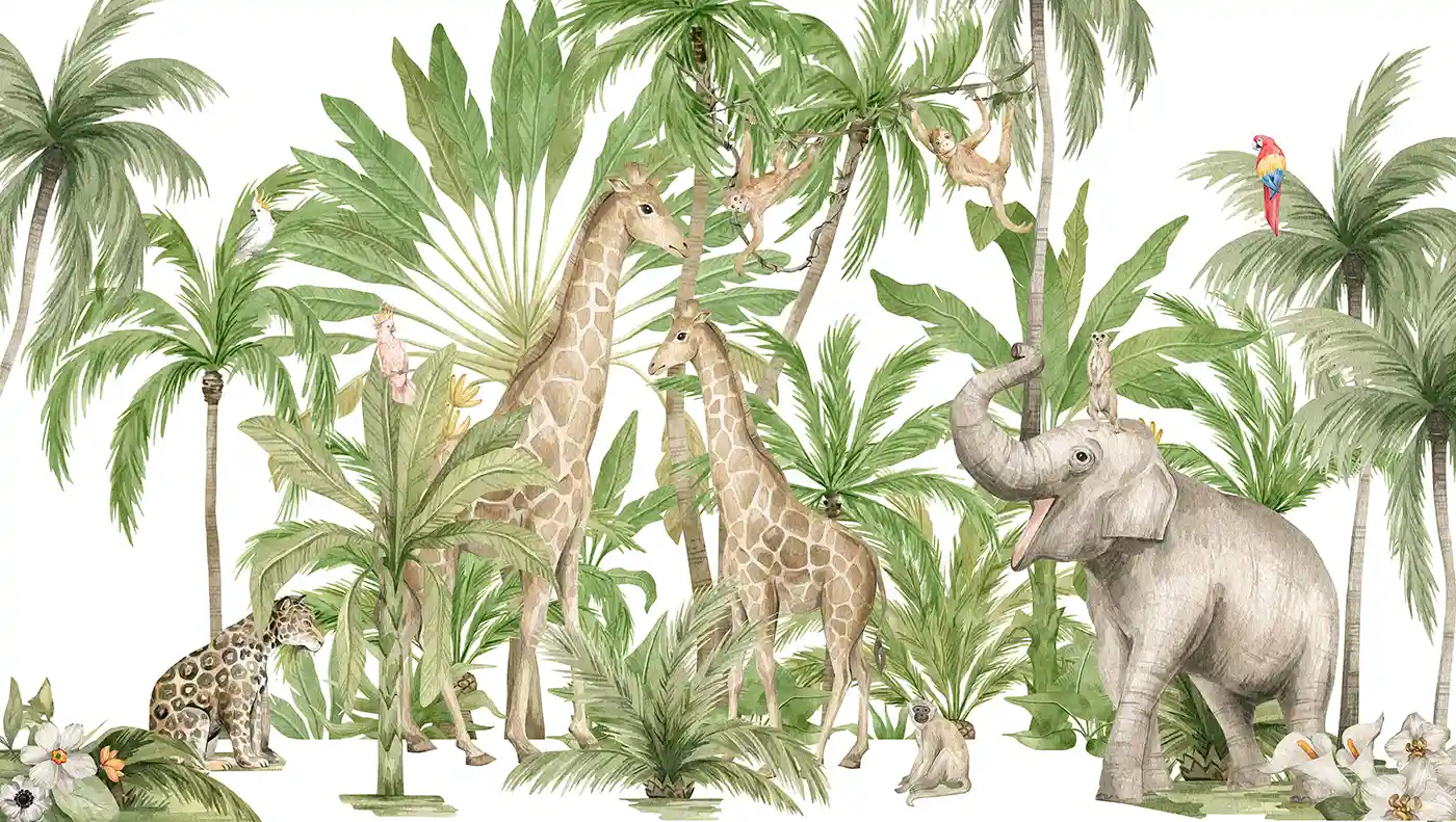 Safari Fototapete mit Giraffen, Elefant, Leopard, Äffchen und Papagei zwischen grünen Palmen auf Weiß