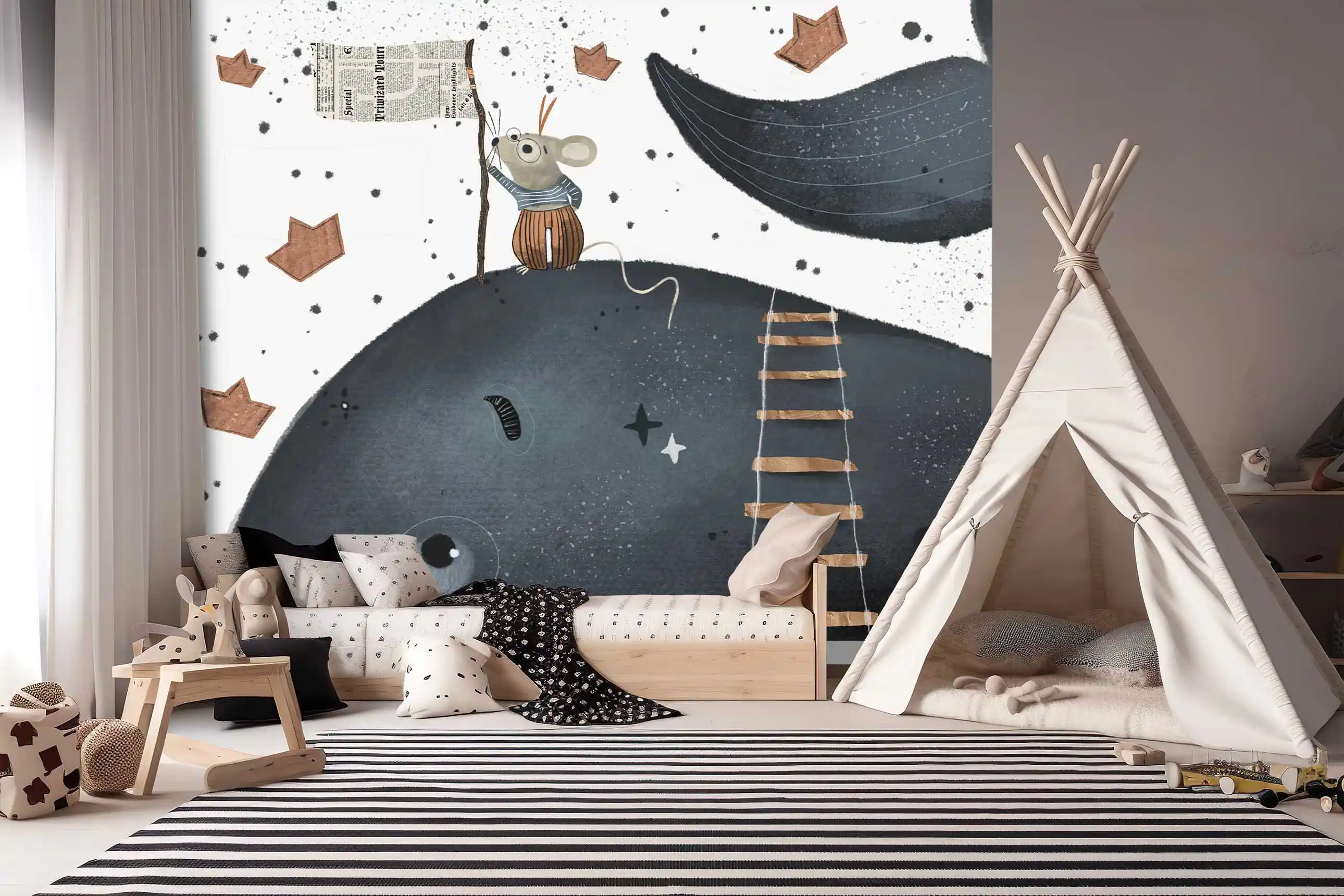 Maus auf dem Wal Tapete hinter einem Holzbett mit Kissen, daneben ein Tipi-Zelt und ein gestreifter Teppich