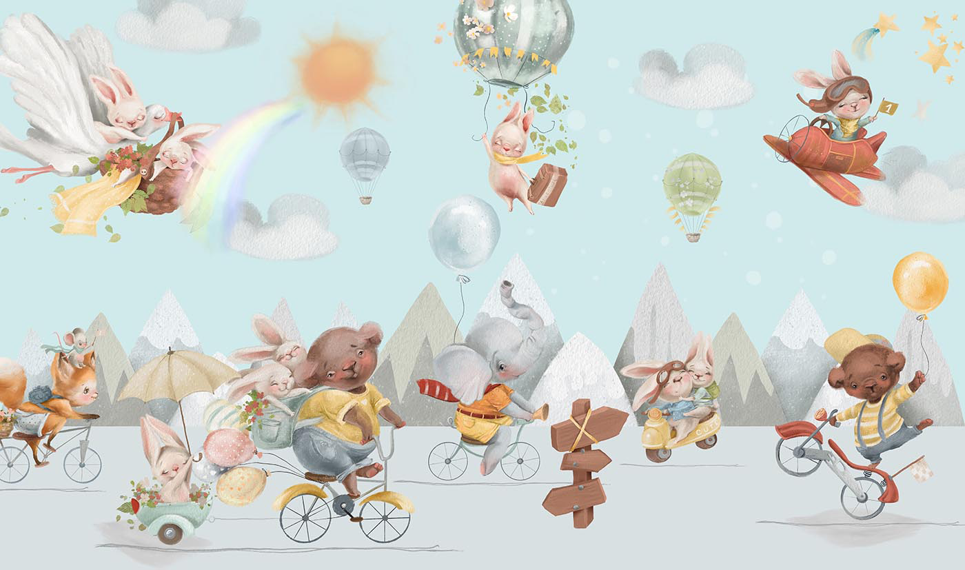 Fototapete Woodland Adventure in Hellblau: Bär, Elefant und Hasen auf Fahrrädern, Ballons und Flugzeug vor Bergen