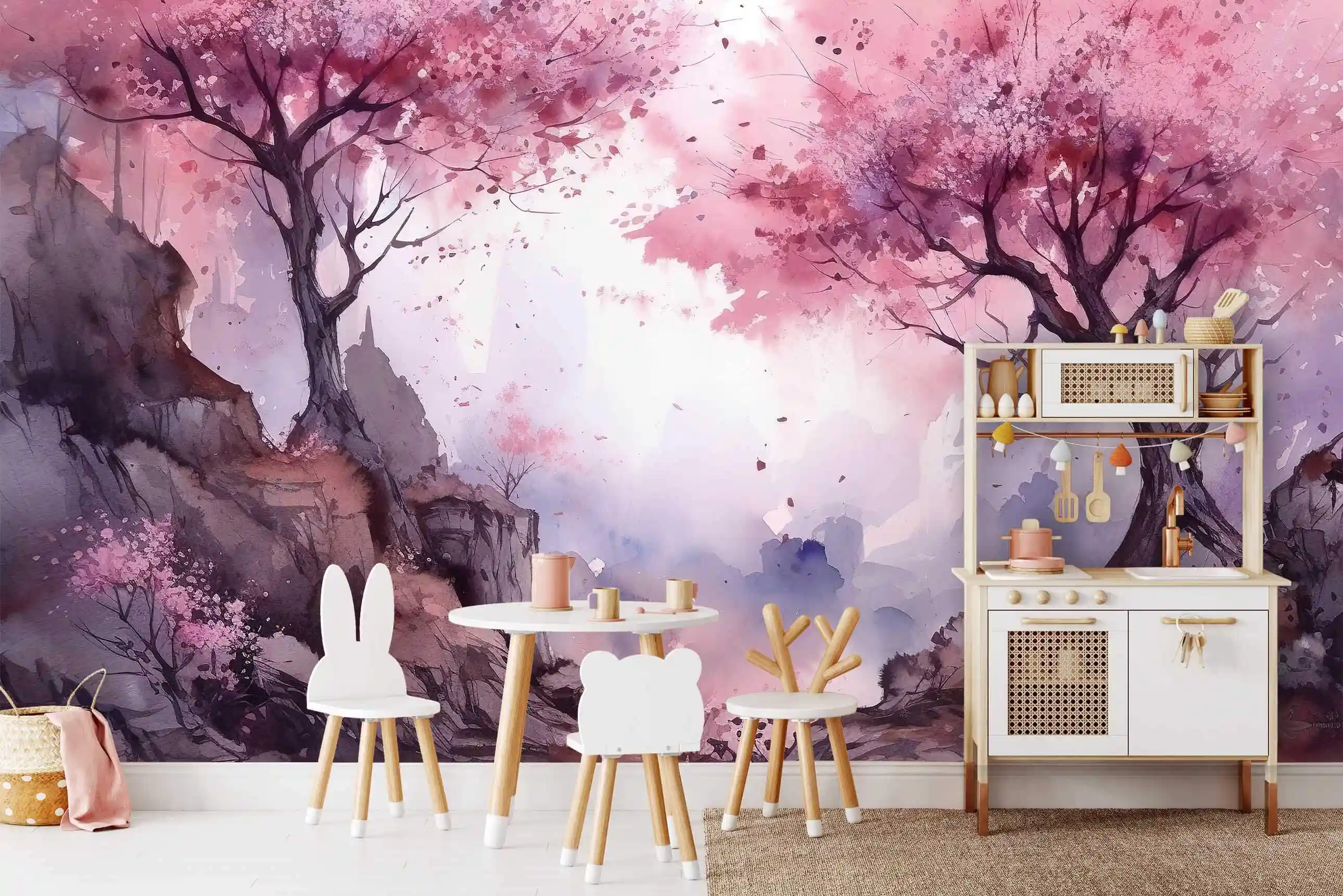 Fototapete Japanische Blütenkirschen im Spielzimmer mit weißer Holzspielküche, Kindertisch und Hasenstühlen
