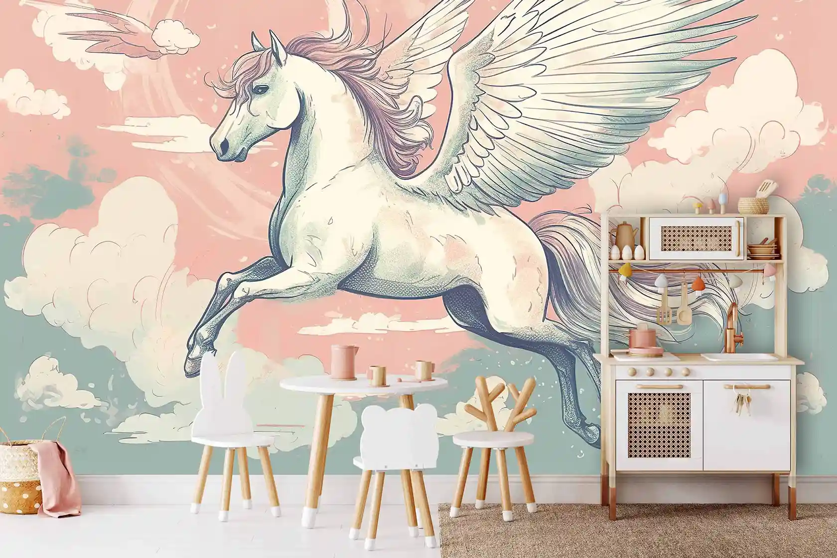 Pegasus Tapete mit geflügeltem Pferd und Wolken im Spielzimmer mit Holzspielküche und Hasenstühlen