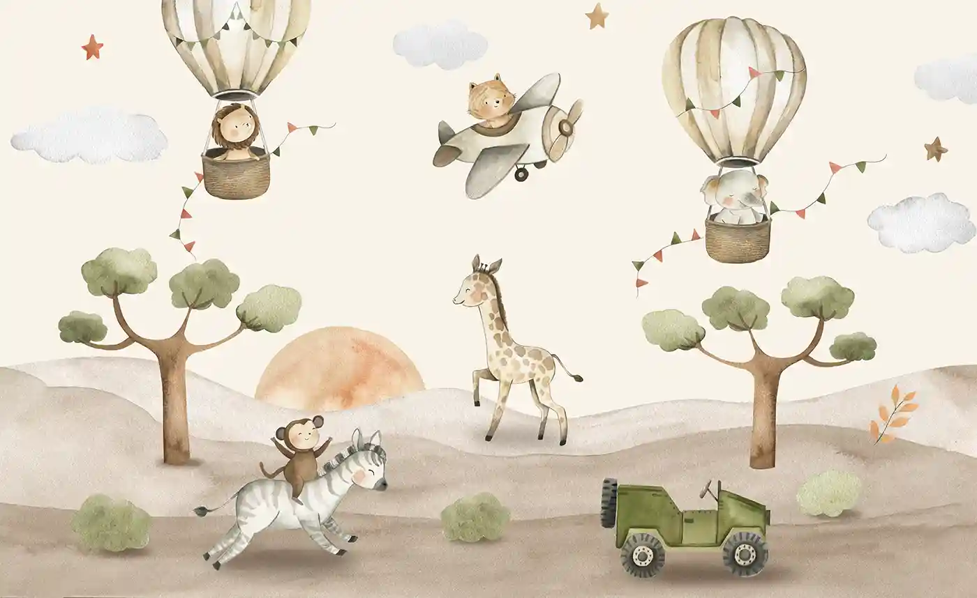 Safari Tapete als Motiv: Affe reitet auf Zebra, Giraffe, grüner Jeep, Tiere in Ballons und im Flugzeug