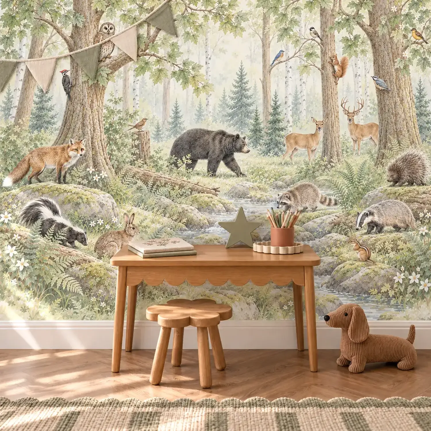 Fototapete Wald Woodland hinter Kindertisch aus Holz mit Blumenhocker, Wimpelkette und Plüschdackel