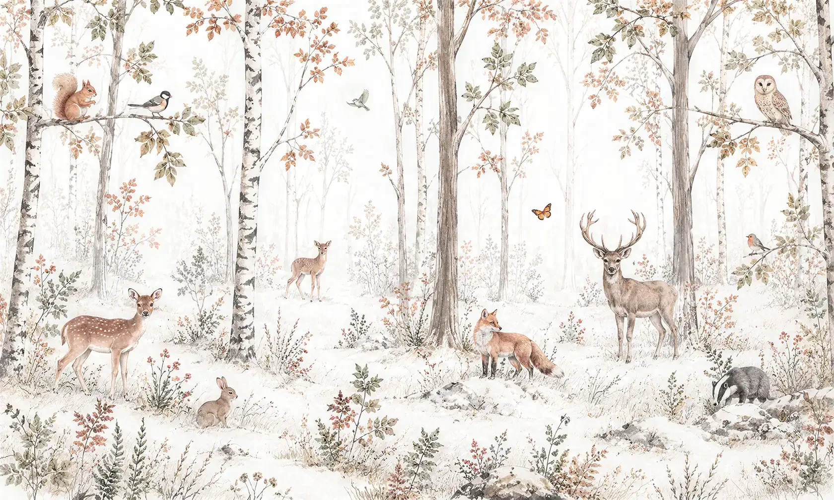 Fototapete Märchenwald als flaches Motiv: Hirsch, Rehkitze, Fuchs und Dachs zwischen Birken im Aquarellstil