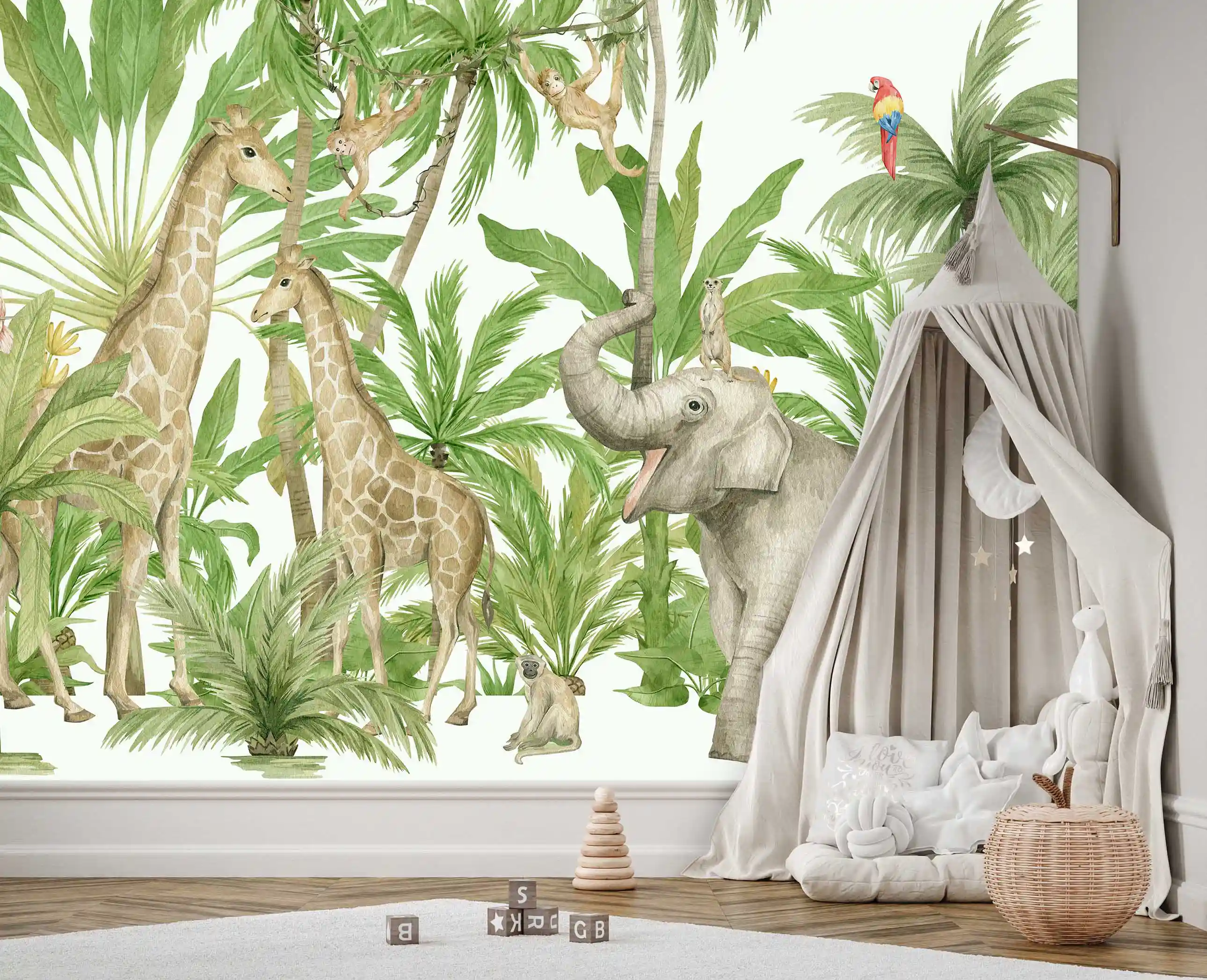 Safari Fototapete mit Giraffen und Elefant im Kinderzimmer mit Baldachin-Spielzelt und Holzstapelturm