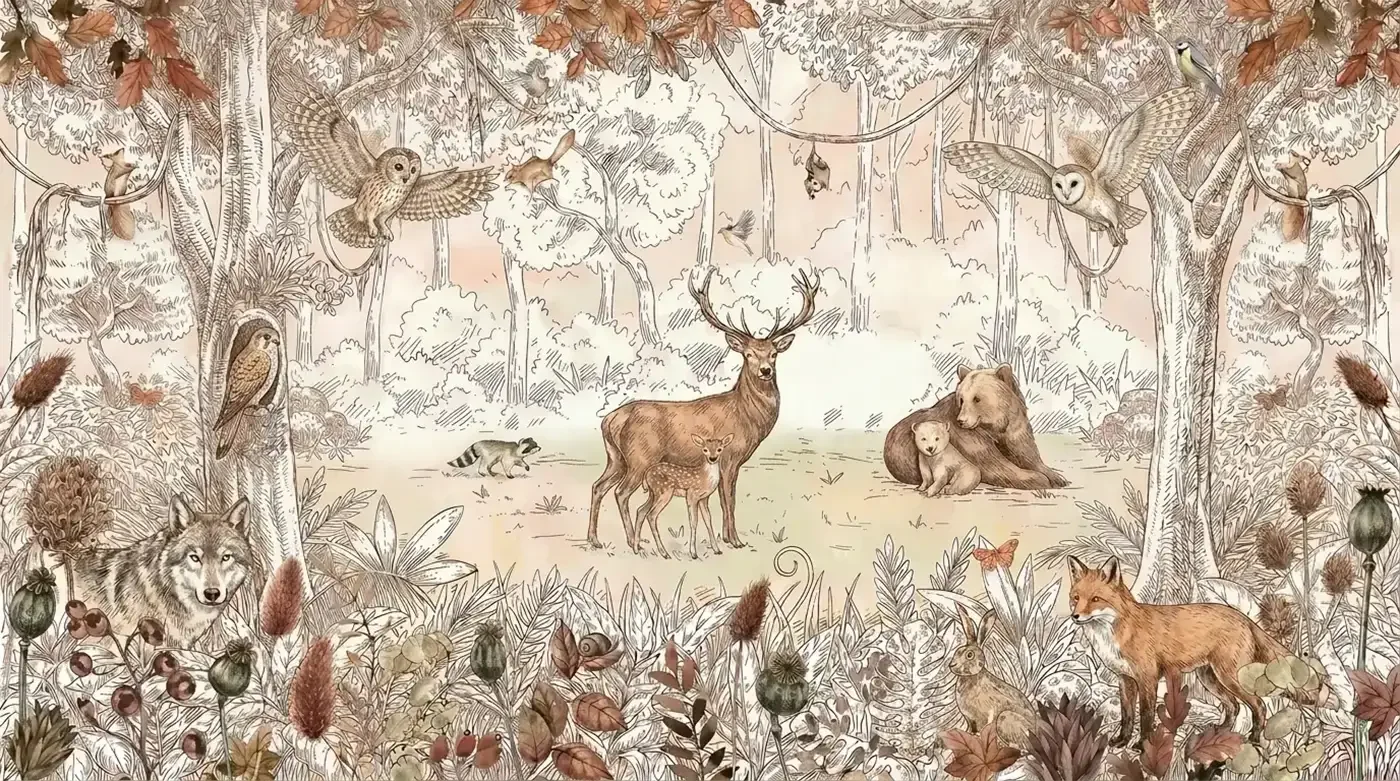 Fototapete Magische Waldtiere als flaches Motiv: Hirsch, Bärenfamilie, Fuchs, Wolf und Eulen im Herbstwald