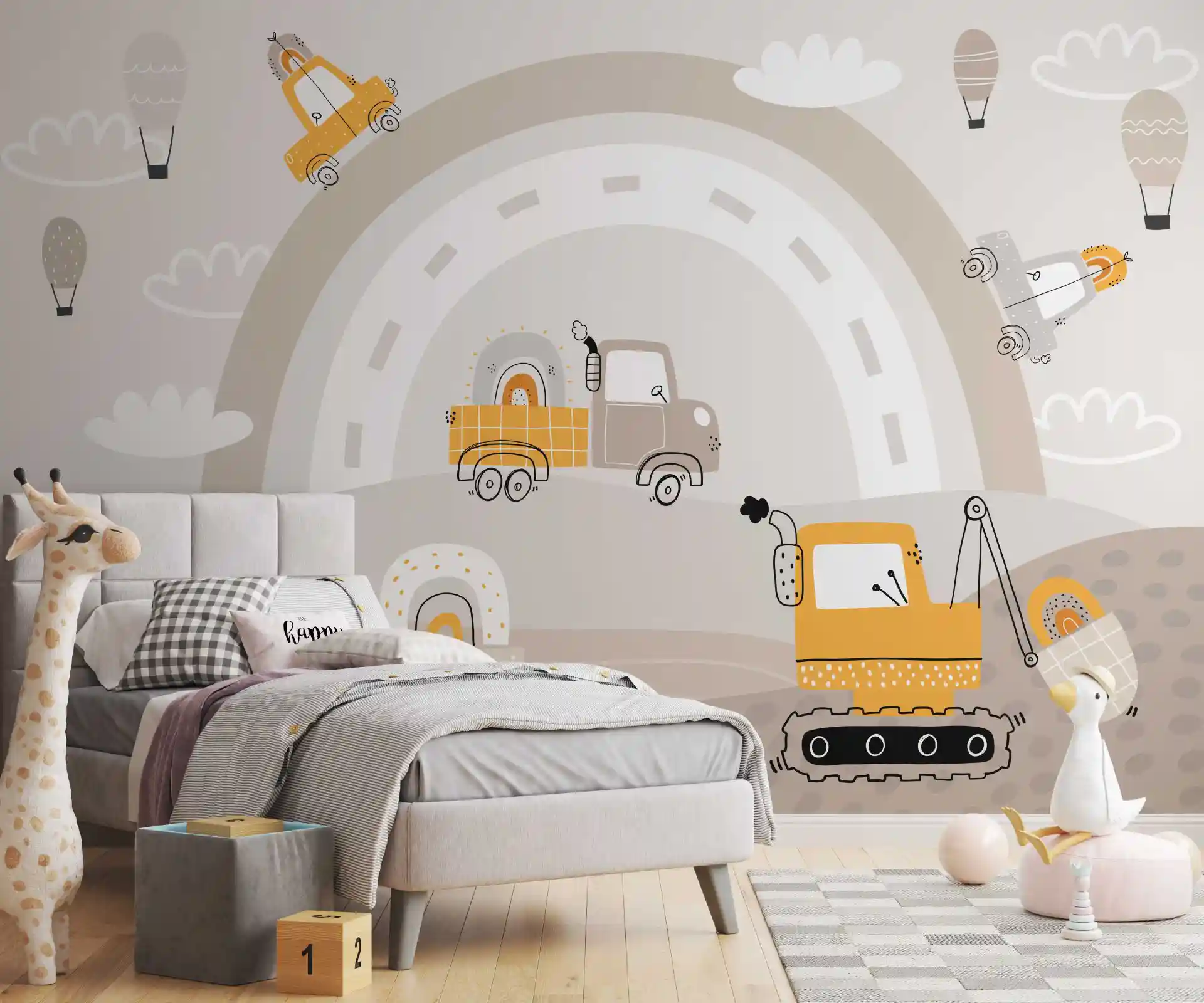 Tapete Baustelle Beigetöne mit Regenbogen und Fahrzeugen im Kinderzimmer mit grauem Polsterbett