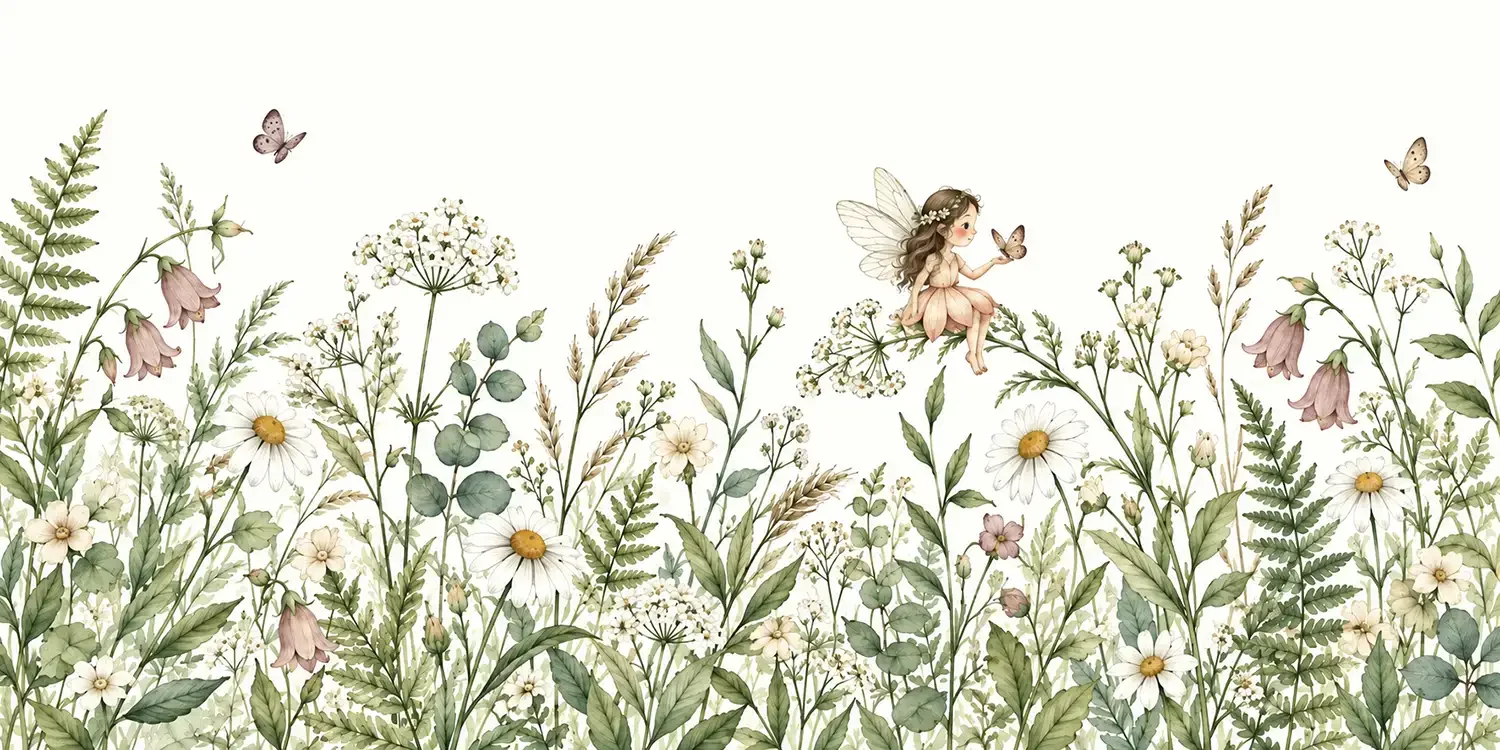 Fototapete Blumen Fee als flaches Motiv: kleine Fee mit Schmetterling über einer Wiese aus Wildblumen und Farnen