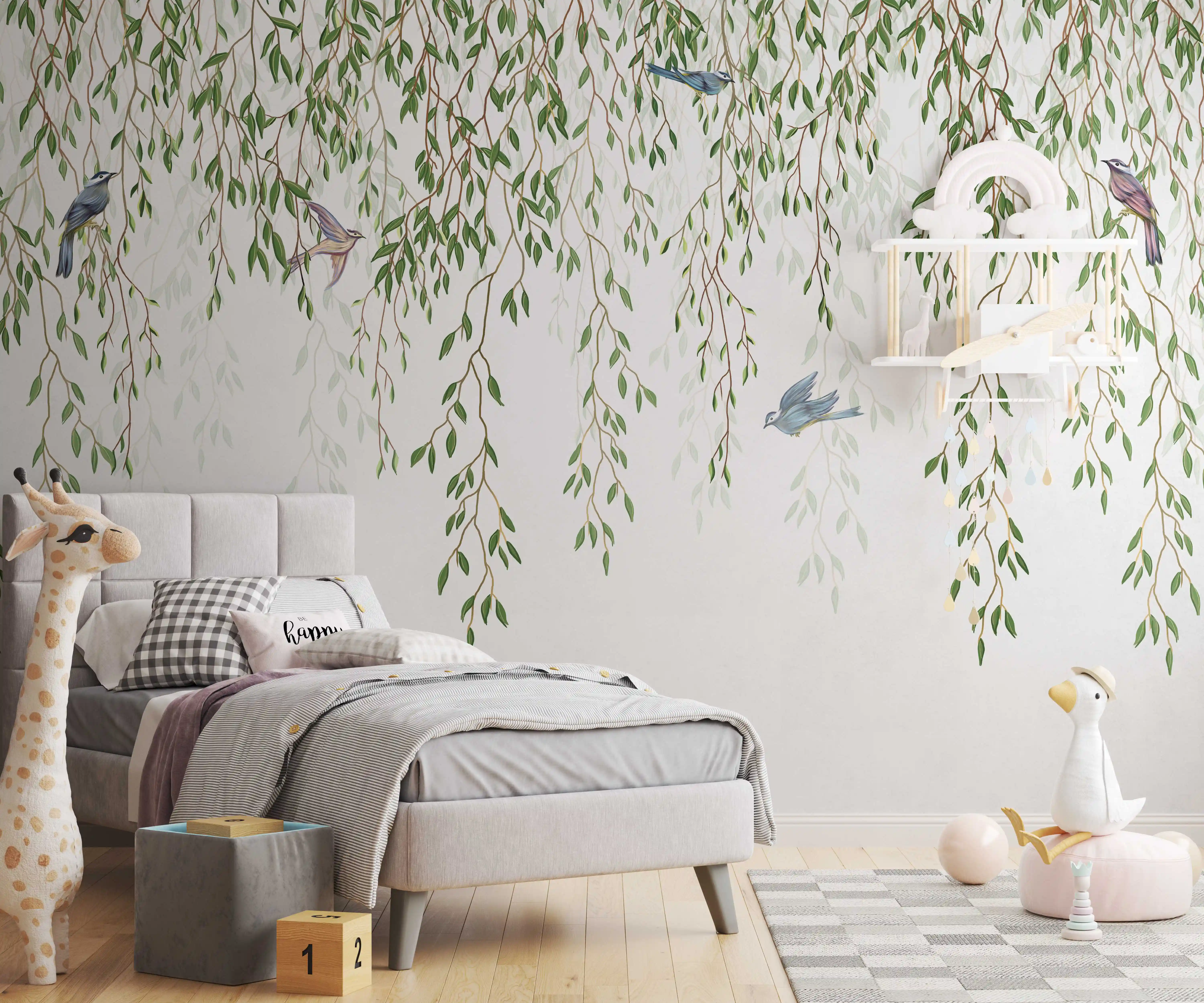 Pflanzen und Vögel Tapete im Kinderzimmer mit grauem Polsterbett, Stoffgiraffe und weißem Wandregal