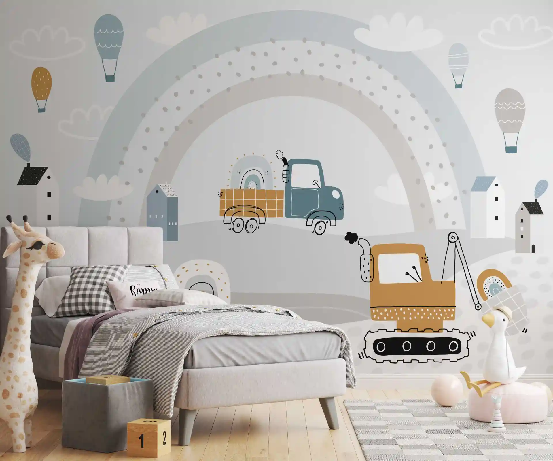 Tapete Baustelle Blau mit Regenbogen, Laster und Kran im Kinderzimmer mit grauem Polsterbett