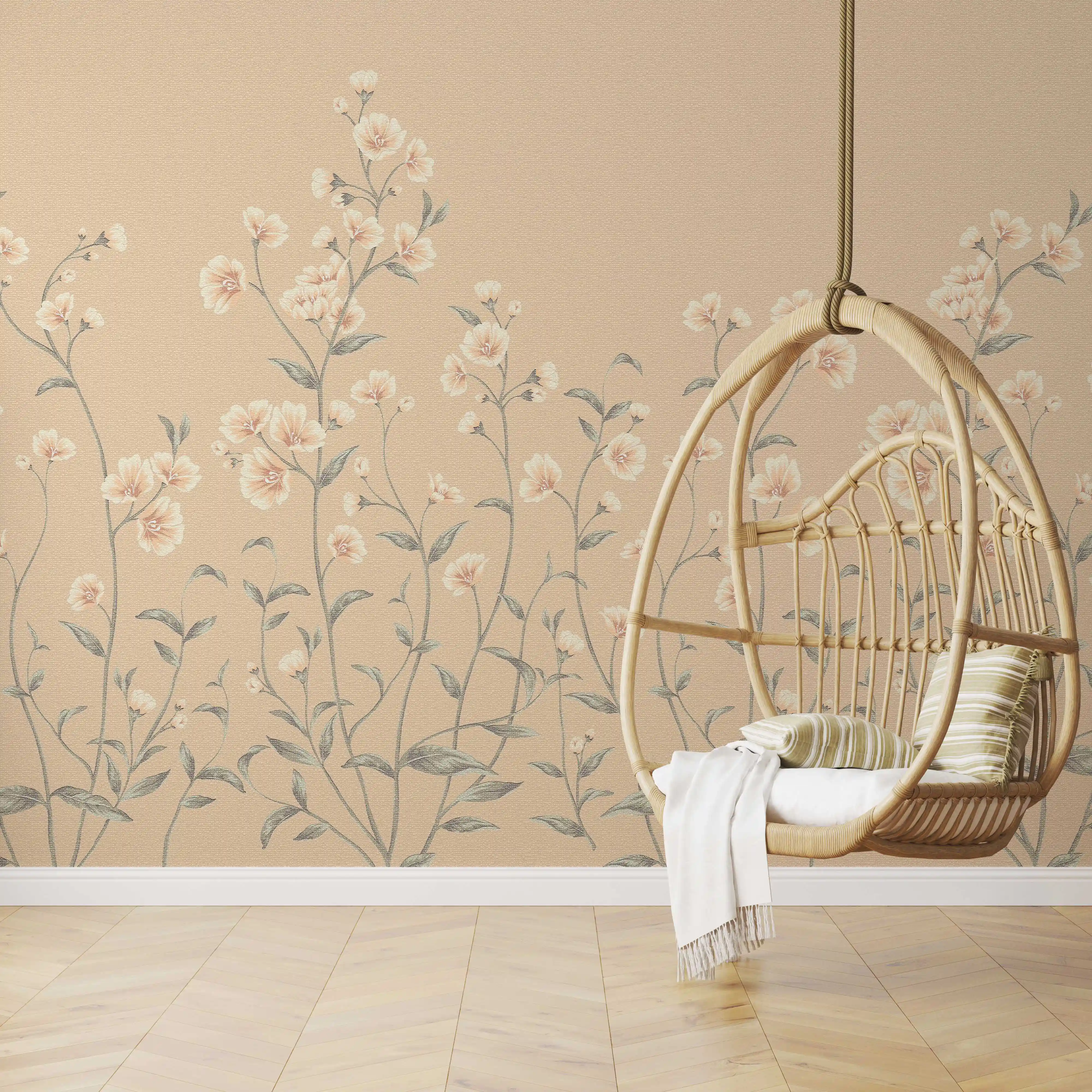 Fototapete Blumen Beige mit hellen Wildblumen hinter einem Hängesessel aus Rattan auf Parkettboden