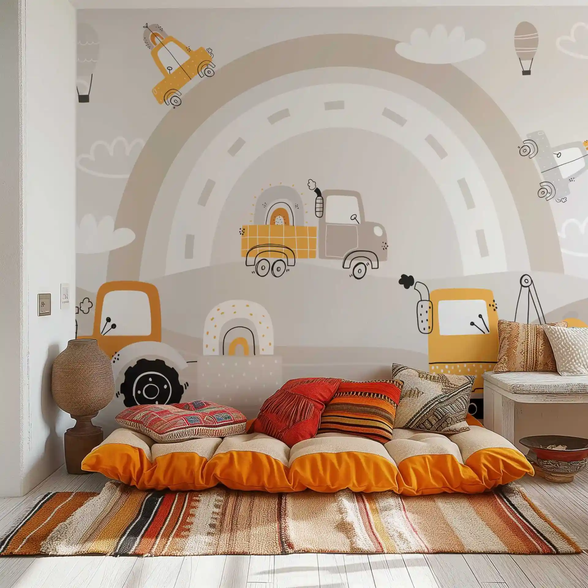 Tapete Baustelle Beigetöne hinter einer Spielecke mit orangefarbenen Bodenkissen und gestreiftem Teppich