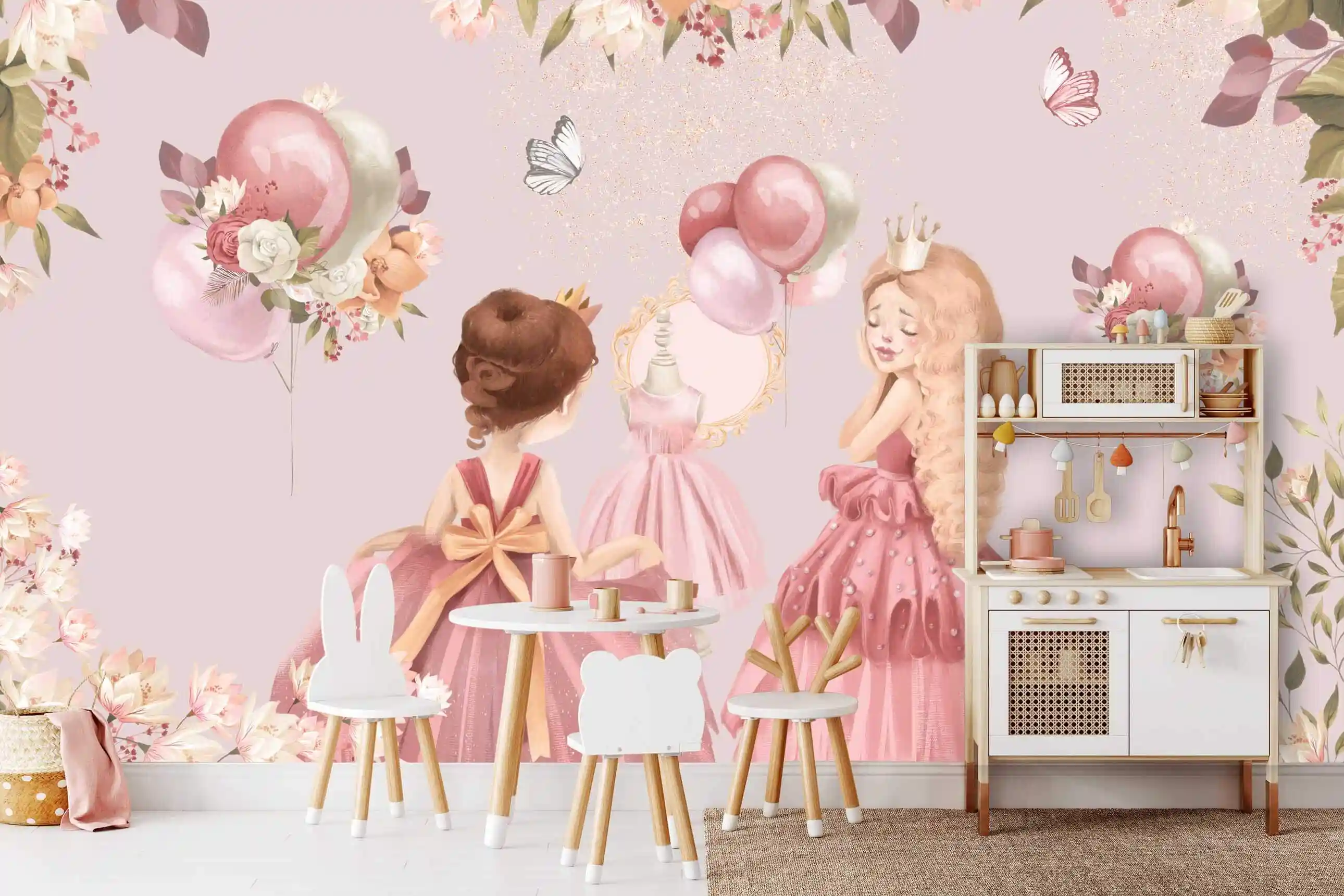 Prinzessin Tapete mit zwei Mädchen in rosa Kleidern im Kinderzimmer mit Holzspielküche, Tisch und Hasenstühlen