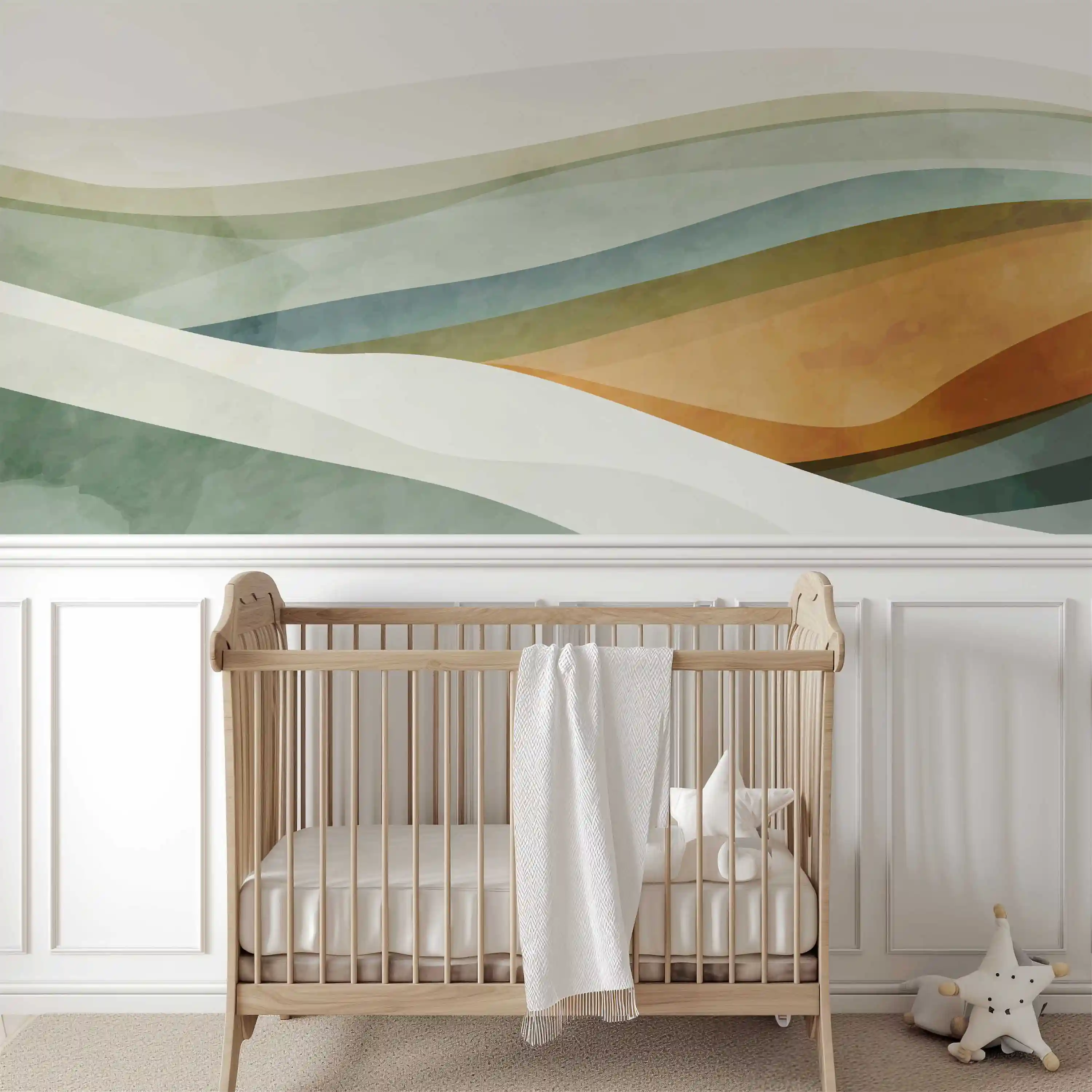 Minimalistische Landschaft Fototapete über weißer Wandvertäfelung mit Babybett aus Holz