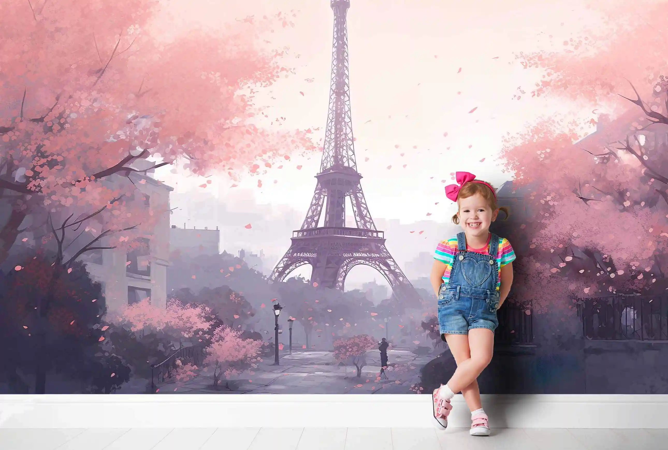 Paris Fototapete mit Eiffelturm und Kirschblüten, davor lehnt ein Mädchen in Jeans-Latzhose