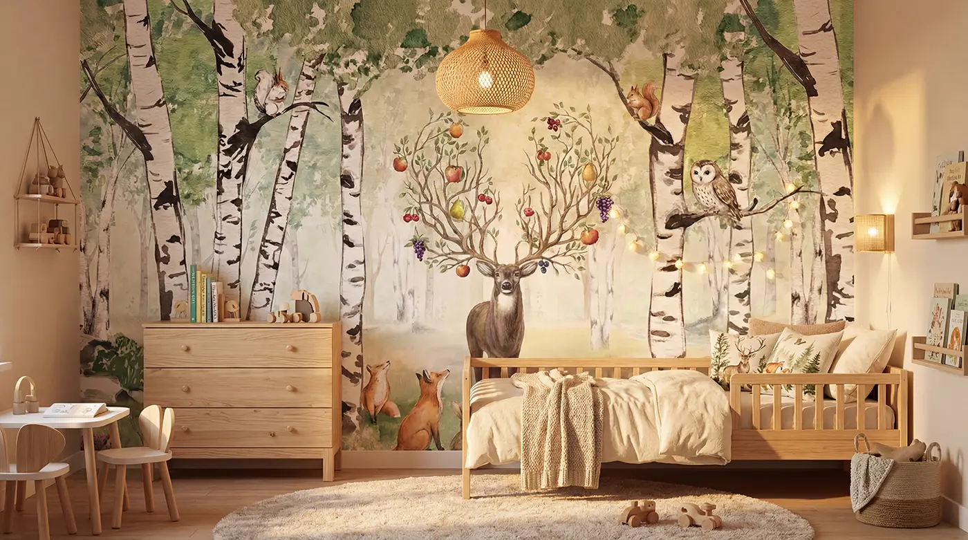 Fototapete Magischer Wald mit Hirsch und Füchsen hinter Holzbett, Kommode und Rattanlampe im Kinderzimmer