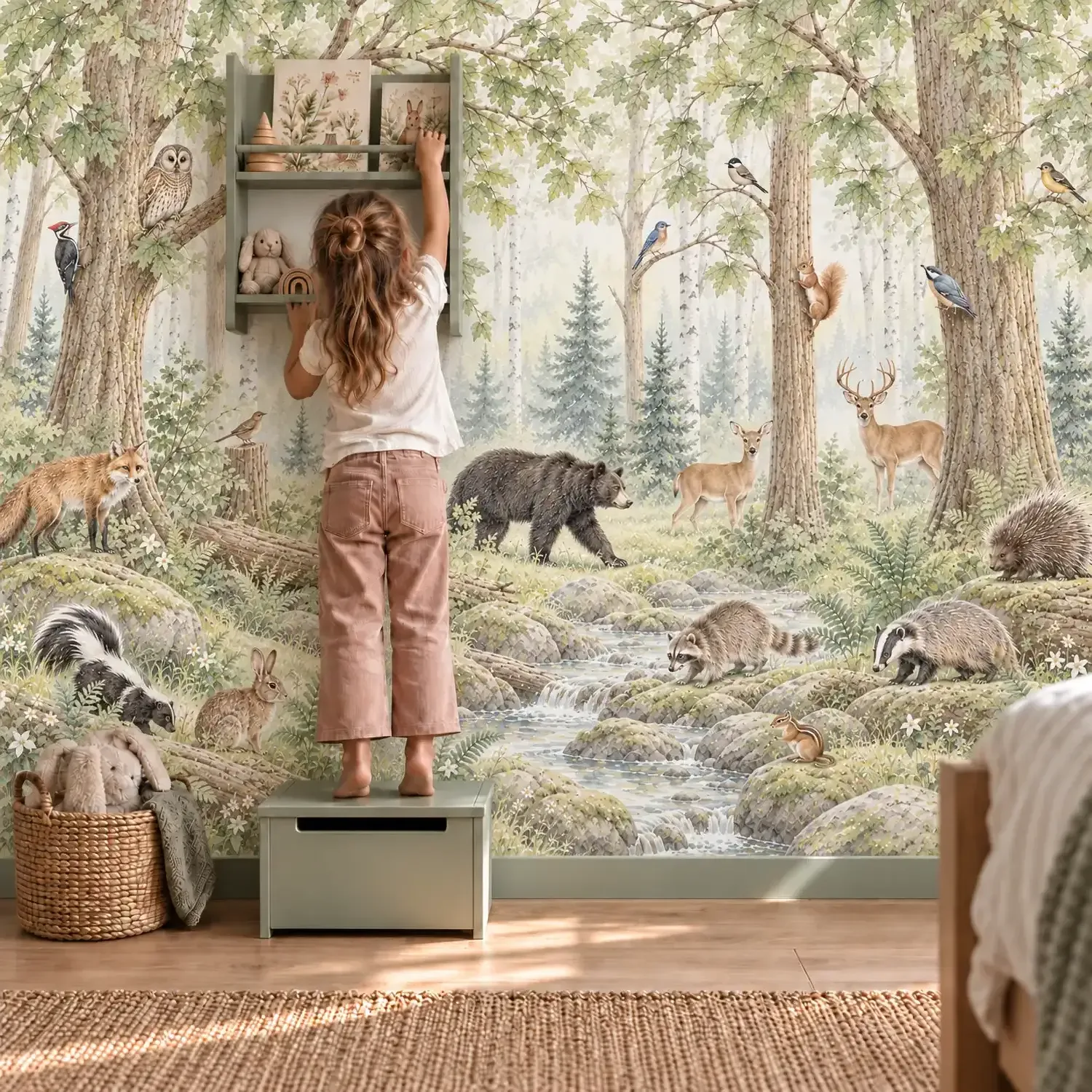 Fototapete Wald Woodland im Kinderzimmer, Mädchen auf Tritthocker greift ins salbeigrüne Wandregal