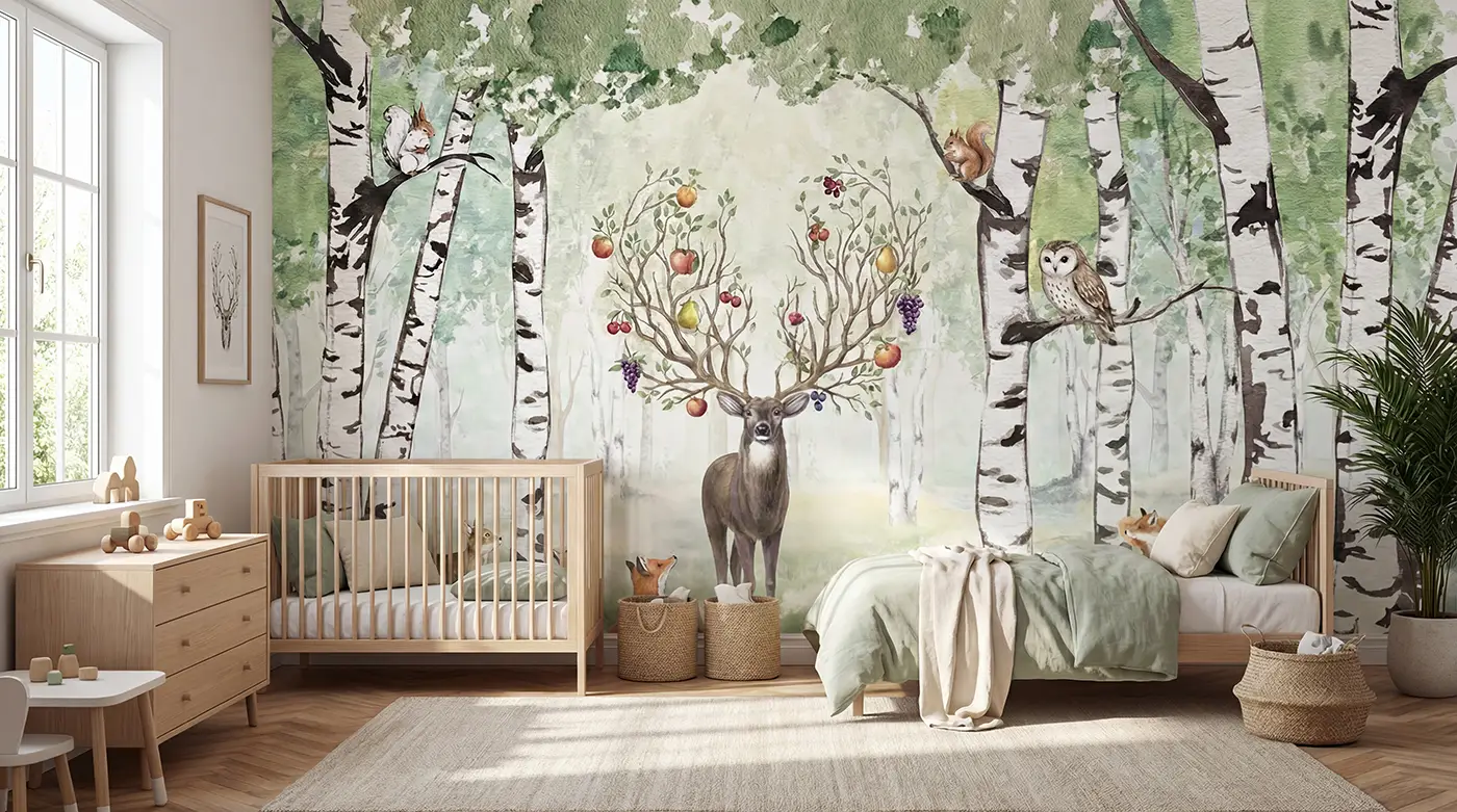 Fototapete Magischer Wald im hellen Kinderzimmer mit Babybett, Kommode, Kinderbett und großem Fenster