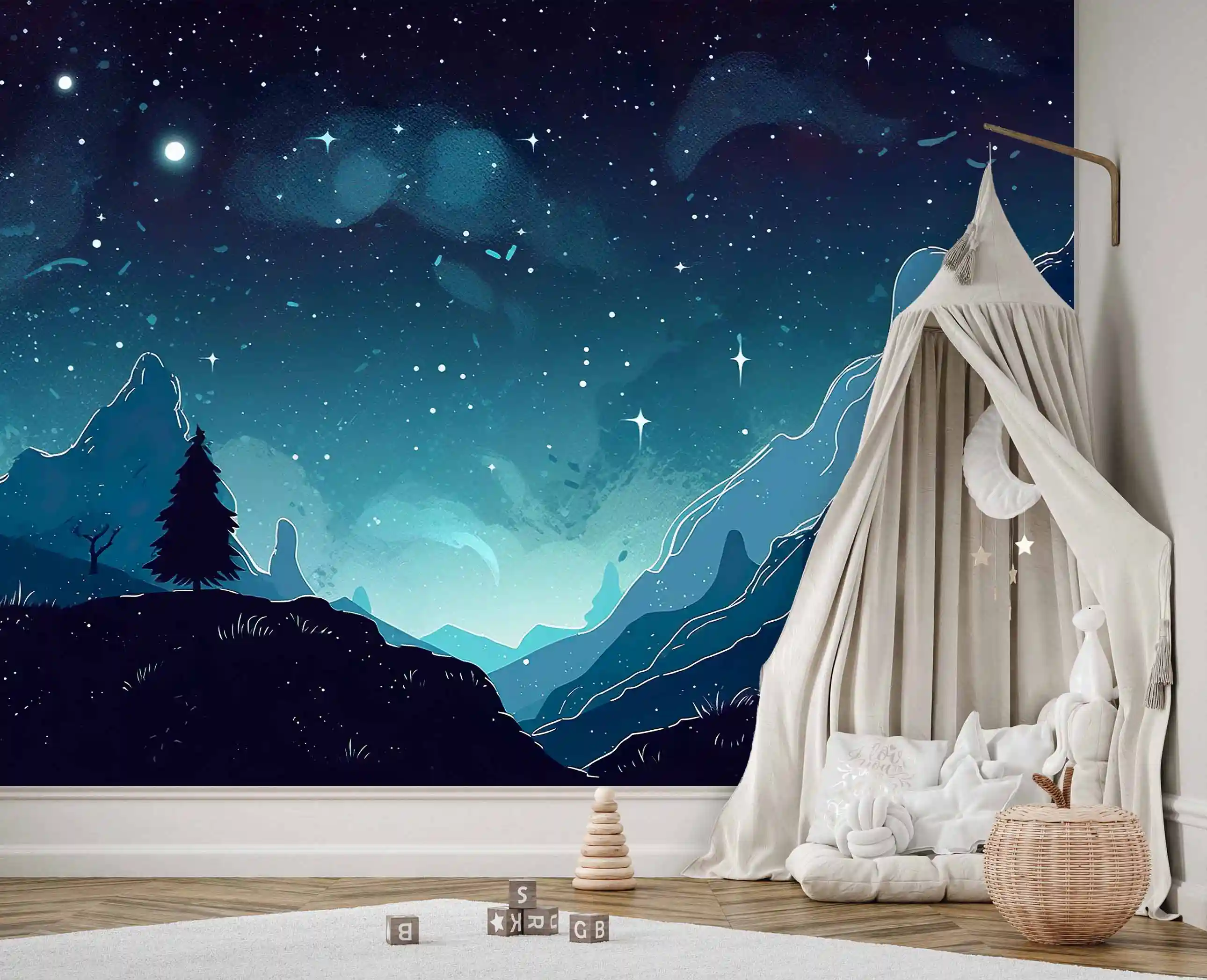 Weltraum Fototapete mit Sternenhimmel und Bergen neben einem Baldachin-Spielzelt mit Kissen und Korb