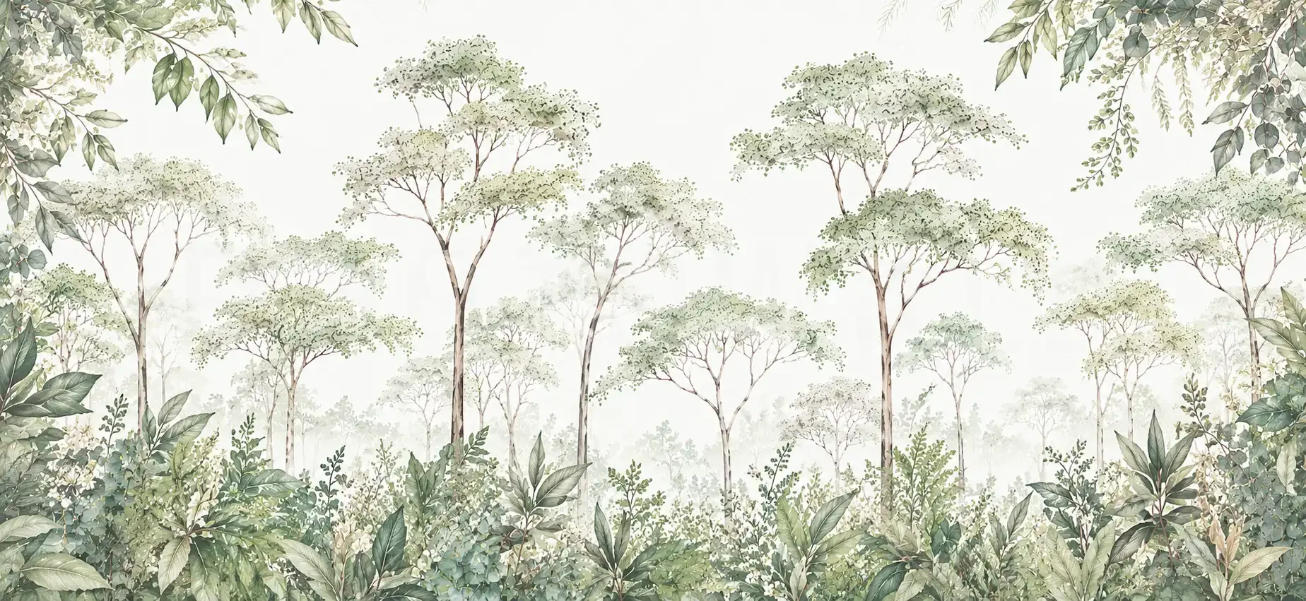 Fototapete Regenwald als flaches Motiv: hohe Bäume über tropischen Pflanzen und Farnen im Aquarellstil