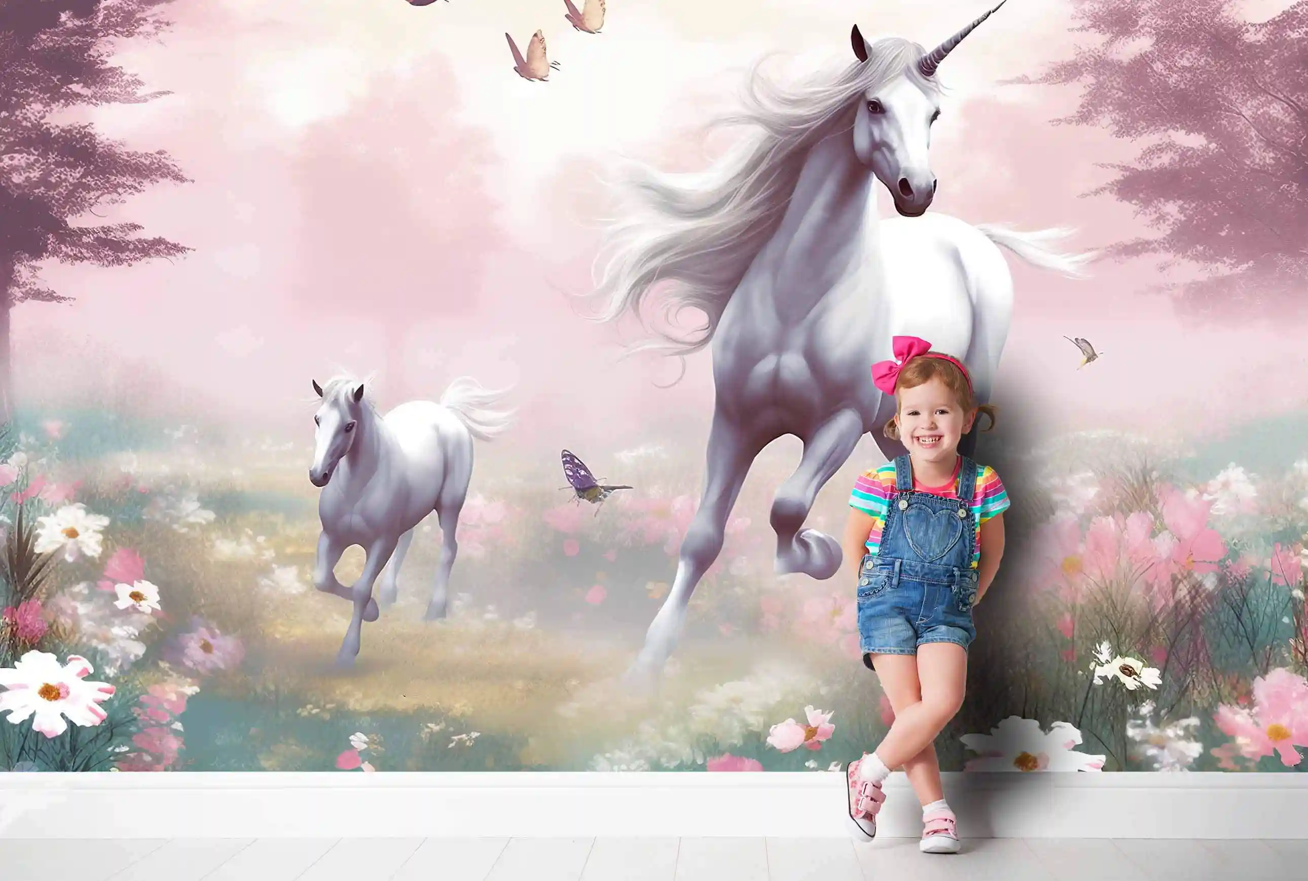 Einhorn Tapete mit weißem Einhorn und Fohlen, davor lehnt ein Mädchen mit Latzhose und rosa Schleife