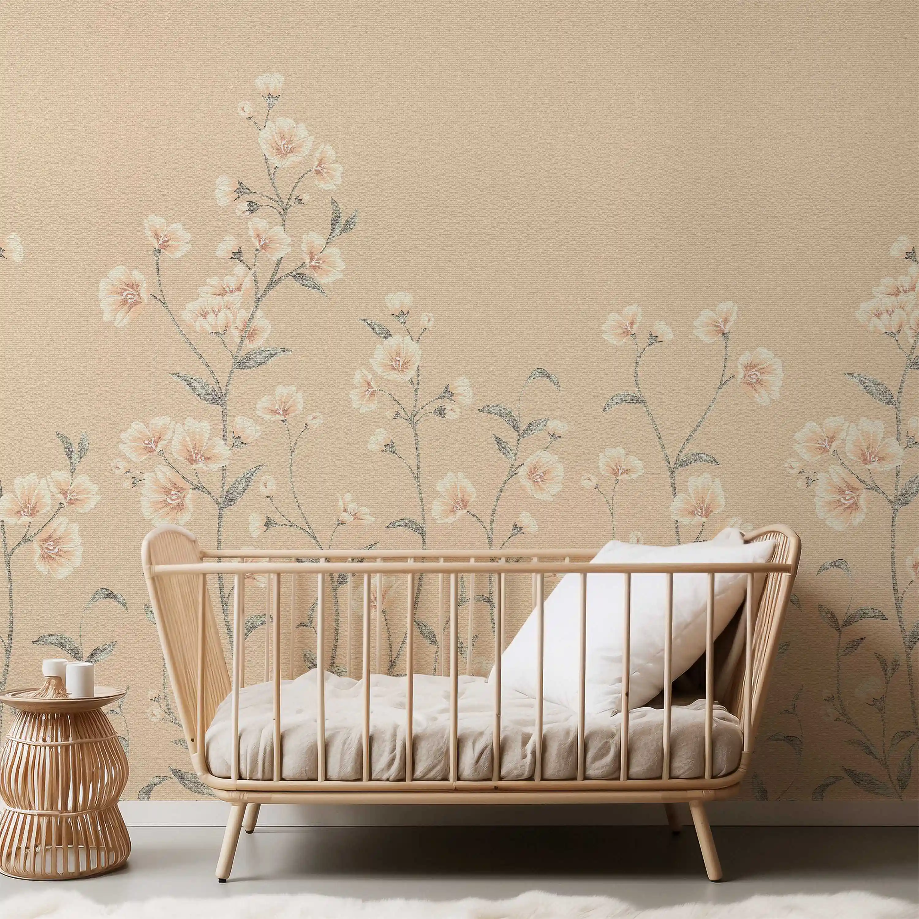 Tapete Blumen Beige mit filigranen Blütenstängeln hinter einem Babybett aus Rattan