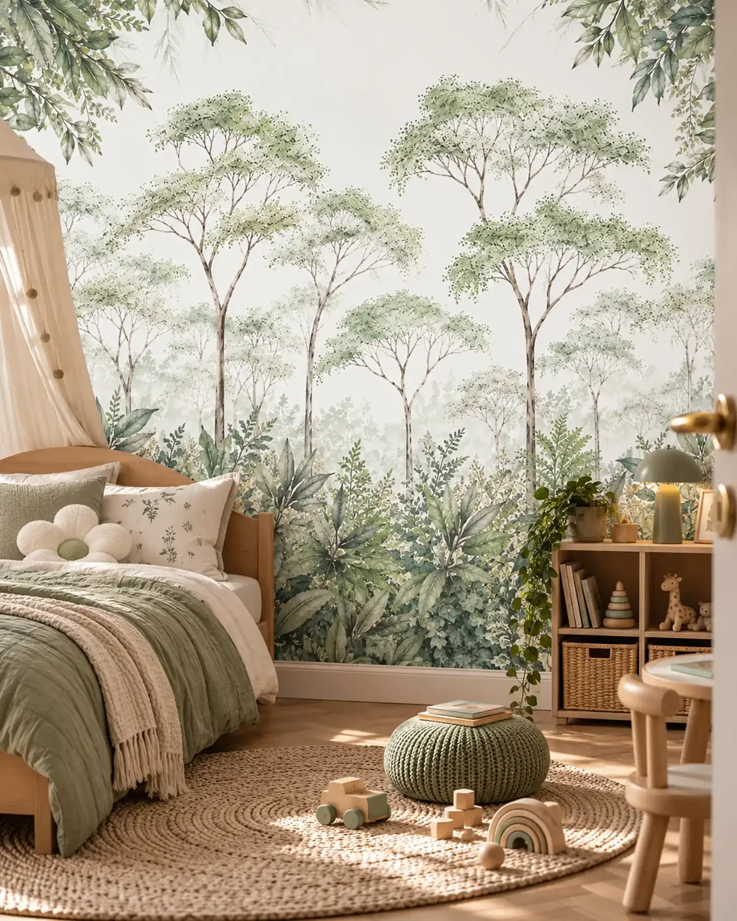 Fototapete Regenwald hinter Holzbett mit Betthimmel, grünem Strickpouf und Regal mit Körben
