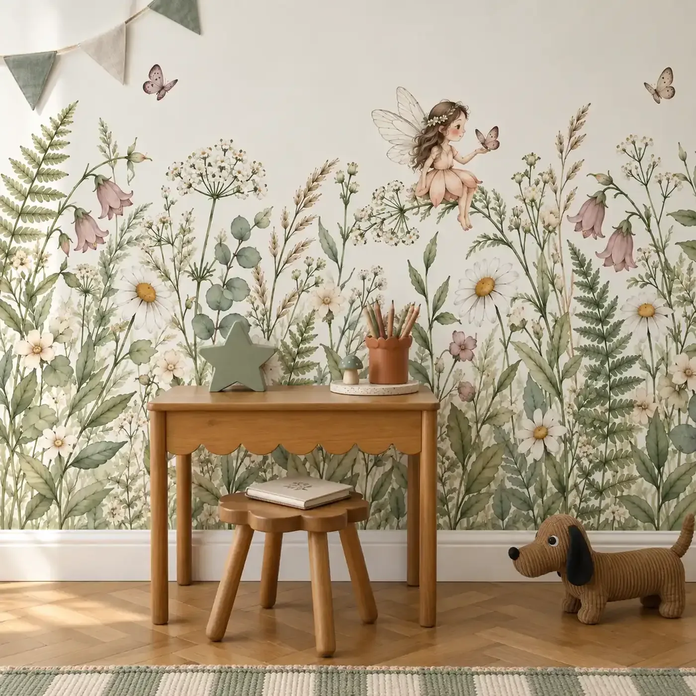 Fototapete Blumen Fee hinter Holztisch mit Hocker, Stiftebecher und Plüschhund im Kinderzimmer