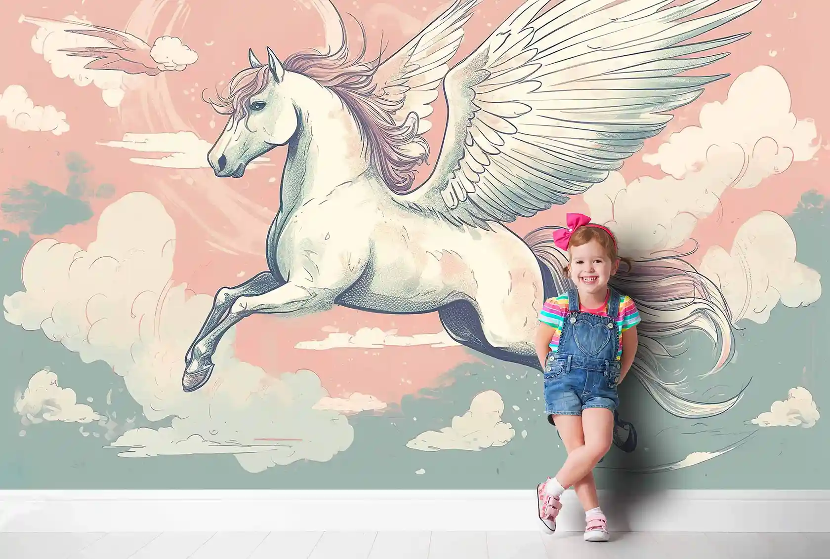 Pegasus Tapete mit fliegendem Flügelpferd in Pastell, davor lehnt ein Mädchen mit rosa Haarschleife