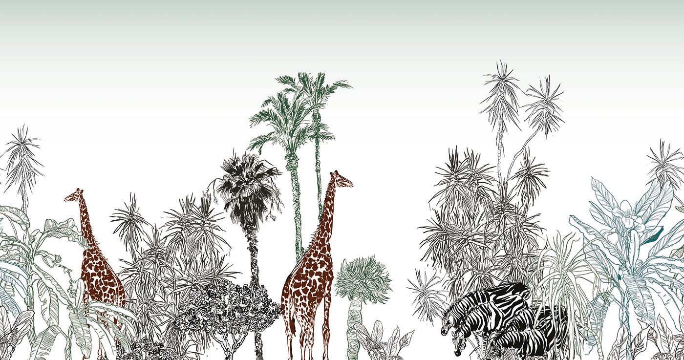 Tapete Giraffe Zebra: gezeichnete Giraffen und Zebras zwischen Palmen und Dschungelpflanzen
