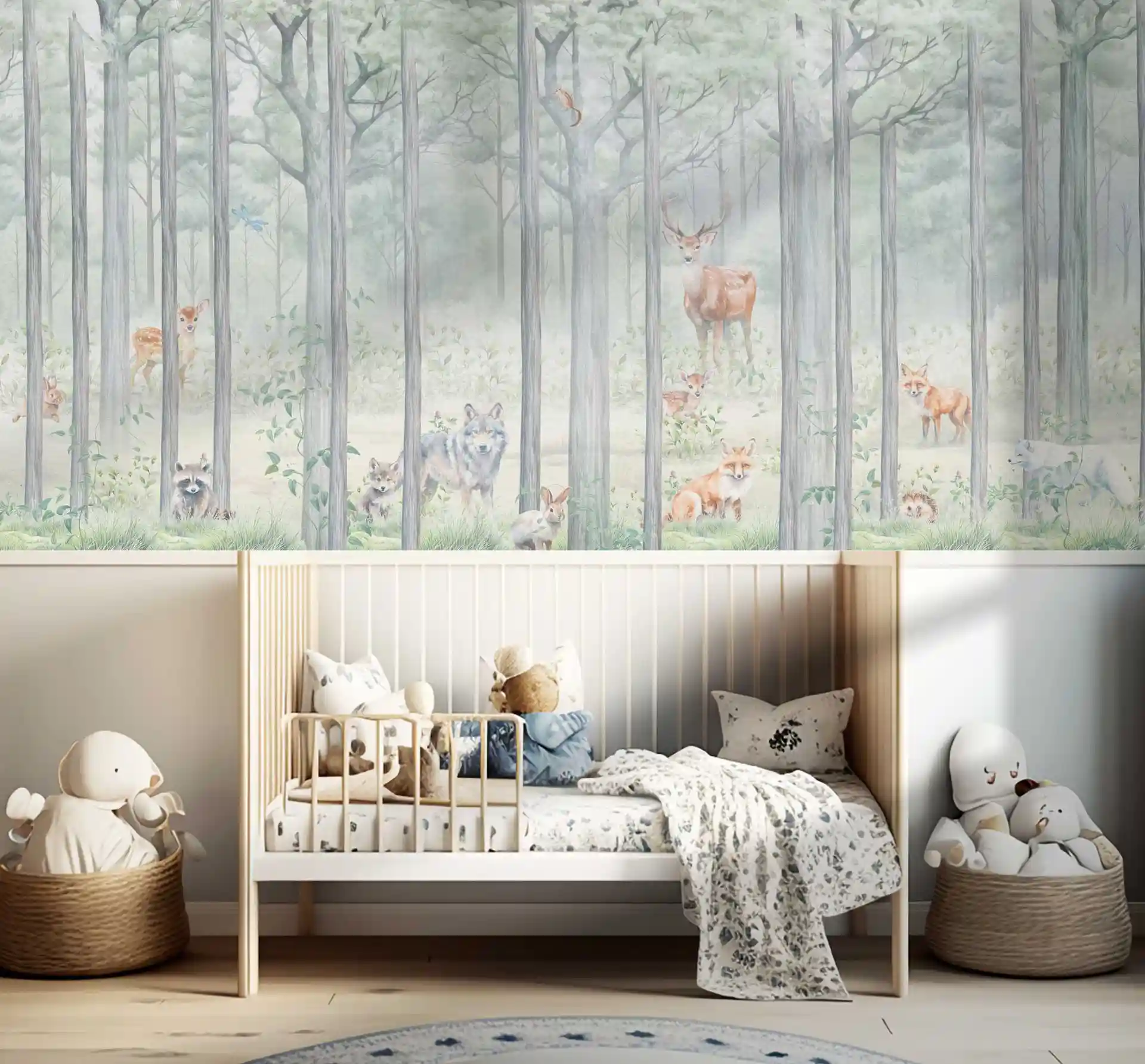 Tapete Waldabenteuer mit Waldtieren als Wandbordüre über einem Babybett mit Kuscheltieren