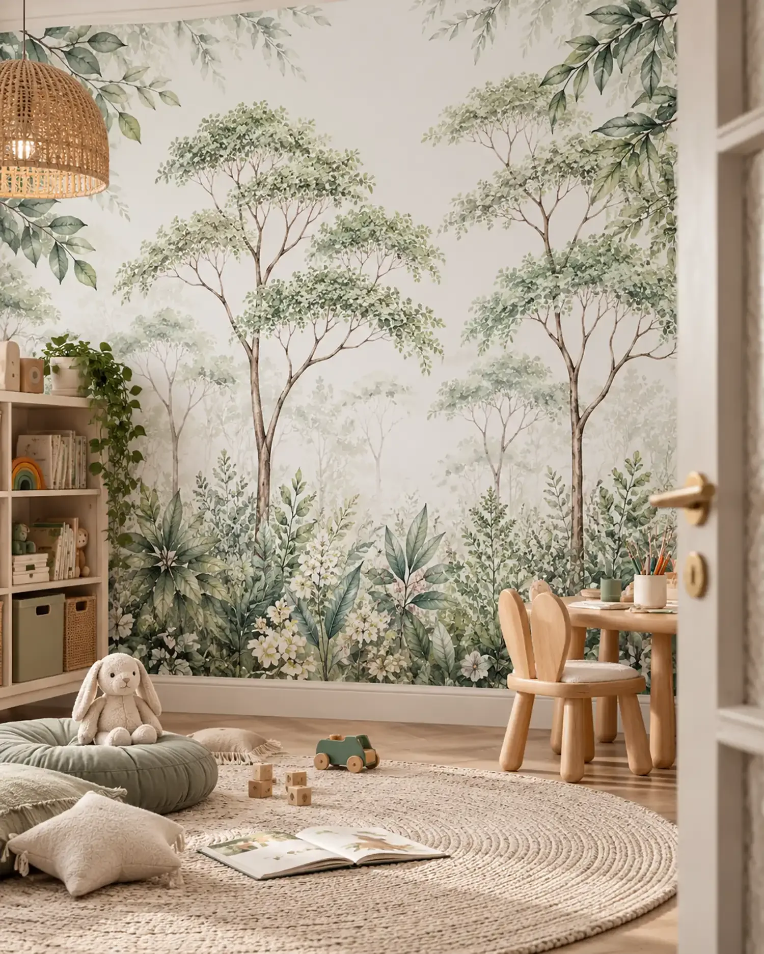 Fototapete Regenwald im Spielzimmer mit Rattanlampe, Juteteppich und Kindertisch mit Hasenohr-Stühlen