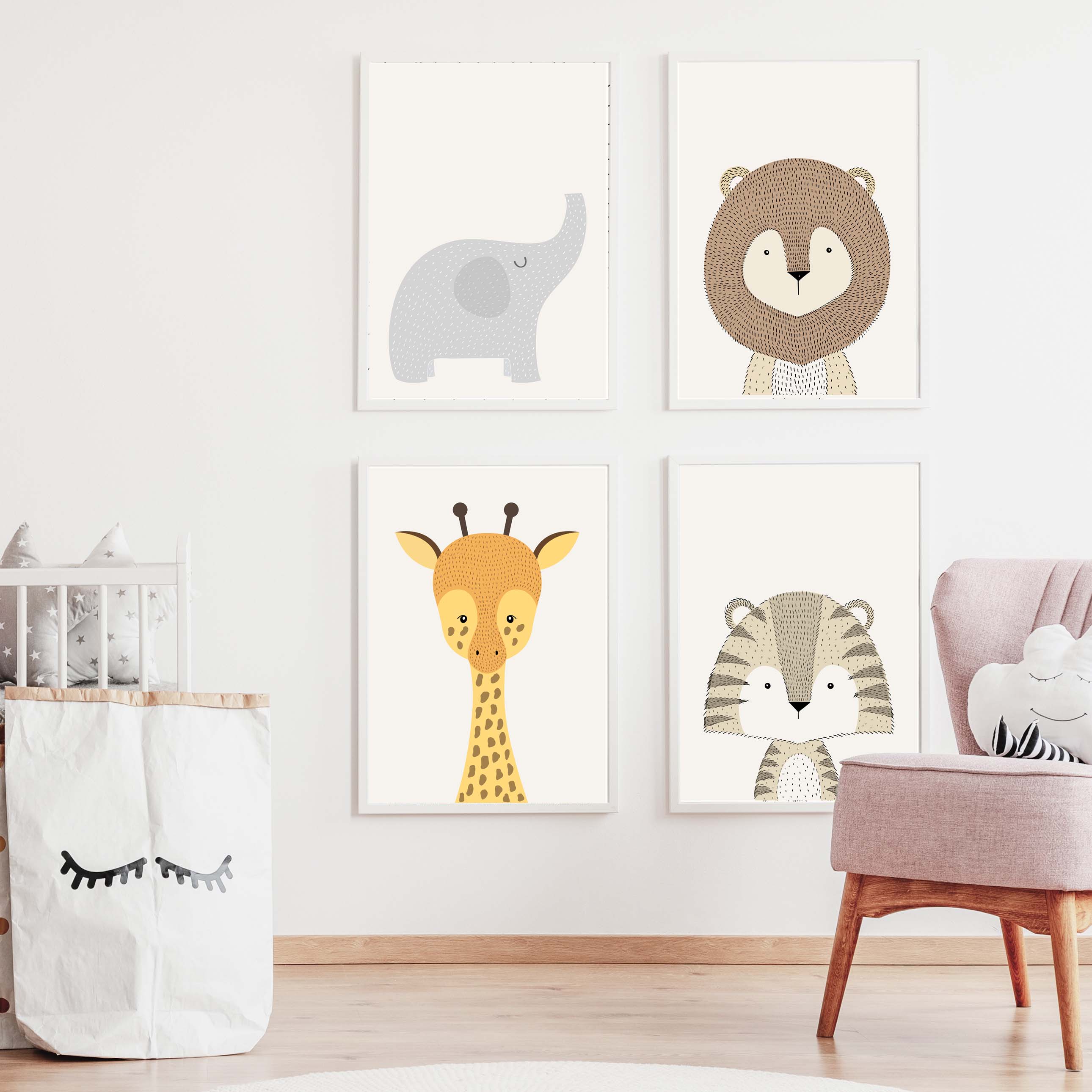Löwe, Elefant & Giraffe Wandbild 4er Set Premium P716