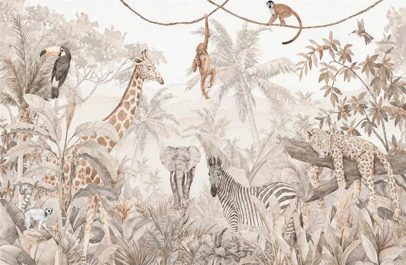 Fototapete Dschungel Light als flaches Motiv: Giraffe, Elefant, Zebra und Leopard im Aquarell in Creme und Sand