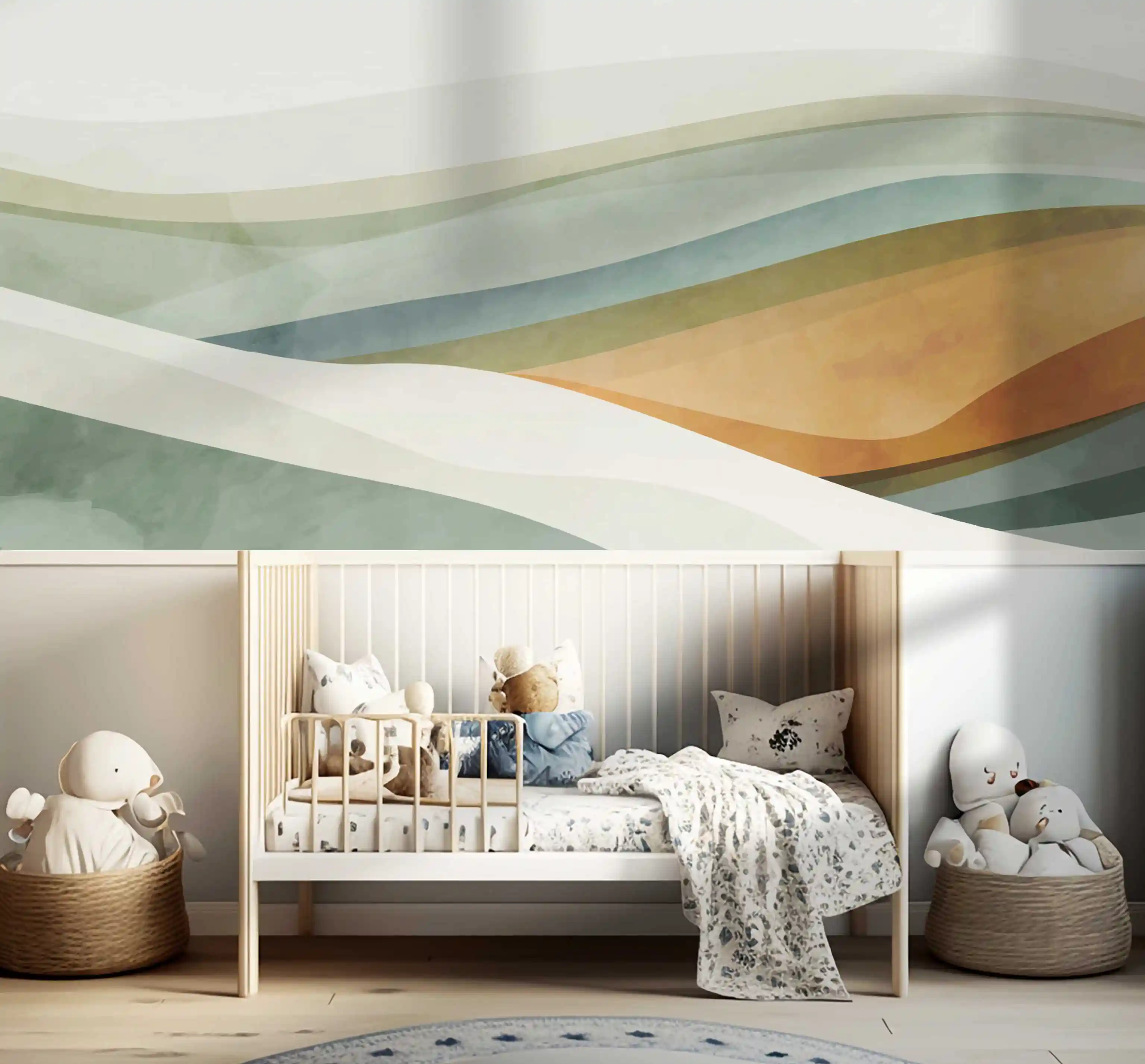 Minimalistische Landschaft Tapete mit sanften Farbwellen über einem weißen Gitterbett