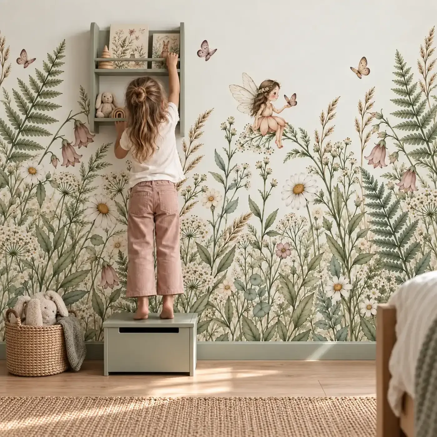 Fototapete Blumen Fee im Kinderzimmer mit Wandregal, Aufbewahrungstruhe und Korb mit Kuscheltier
