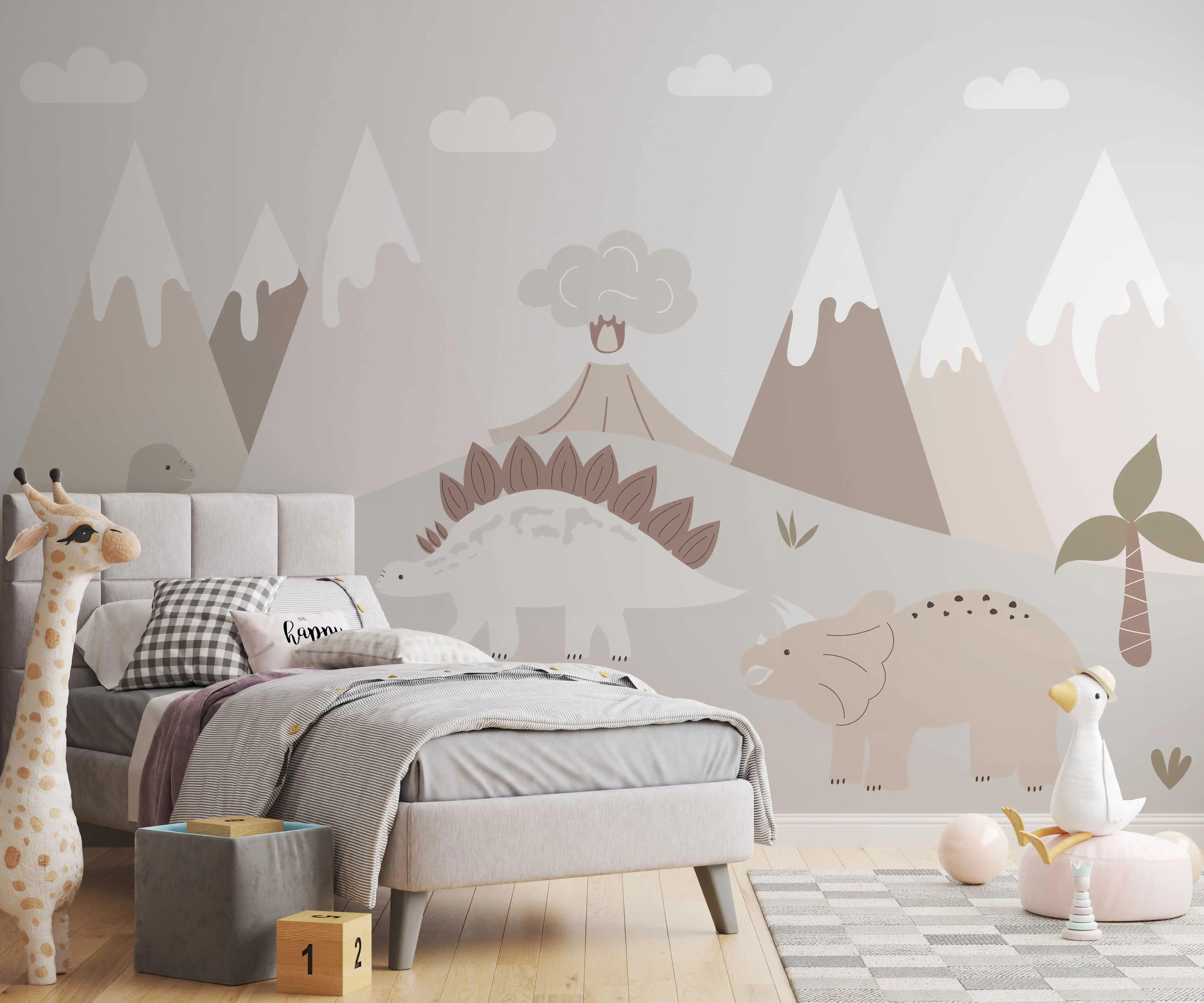 Dinosaurier Tapete in Boho-Erdtönen im Kinderzimmer mit grauem Polsterbett und Plüschgiraffe