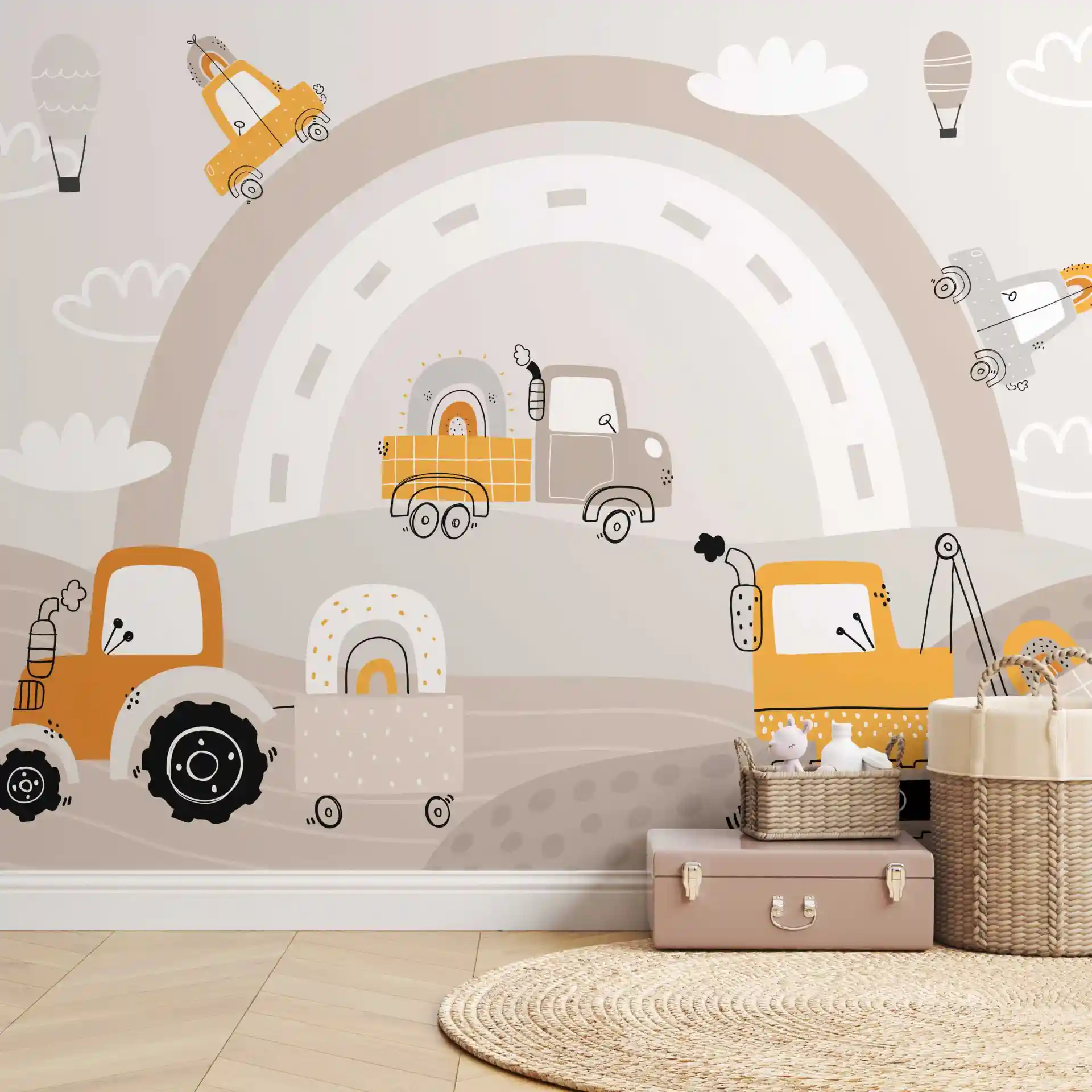 Tapete Baustelle Beigetöne mit Traktor und Kran hinter Rattankörben, Koffer und rundem Teppich