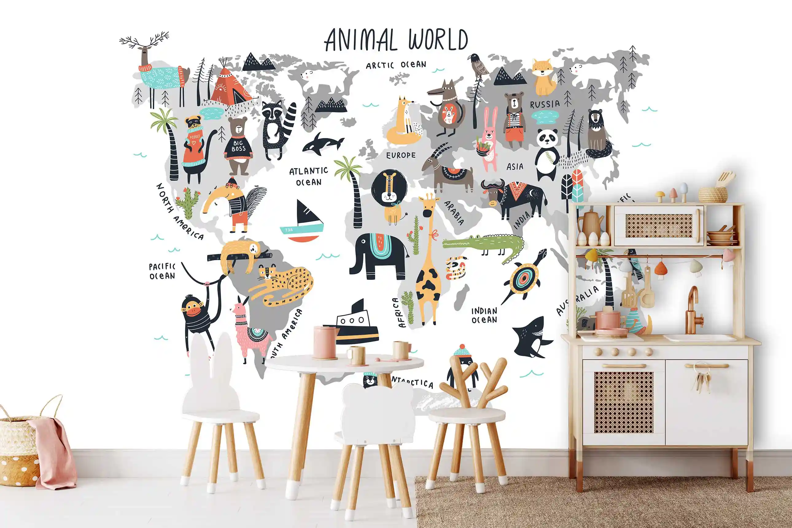 Tier Weltkarte Fototapete Animal World im Kinderzimmer mit Holzspielküche, Tisch und Stühlen mit Hasenohren