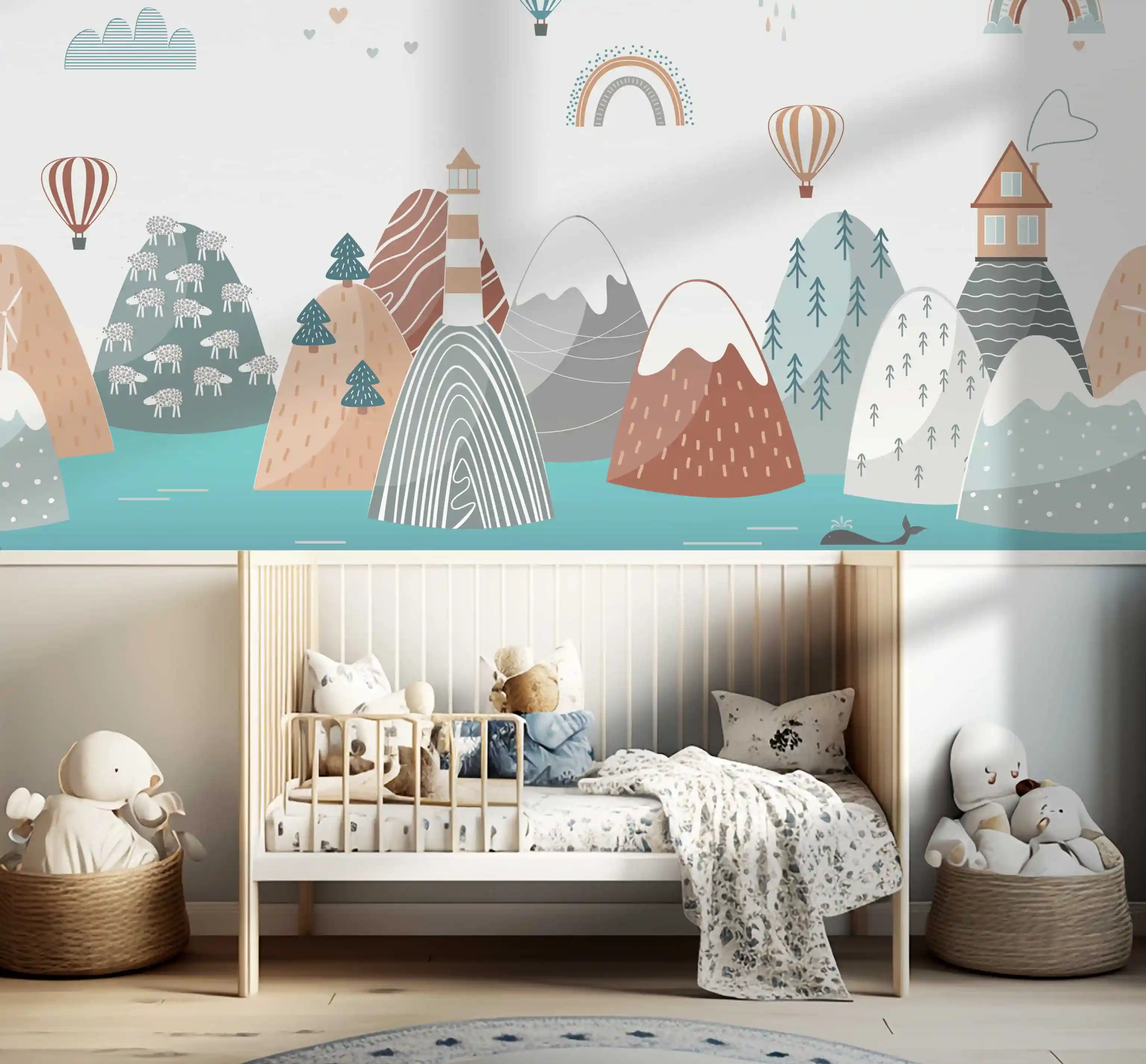 Bunte Berglandschaft Tapete mit Heißluftballons und Regenbögen hinter weißem Gitterbett und Kuscheltierkörben